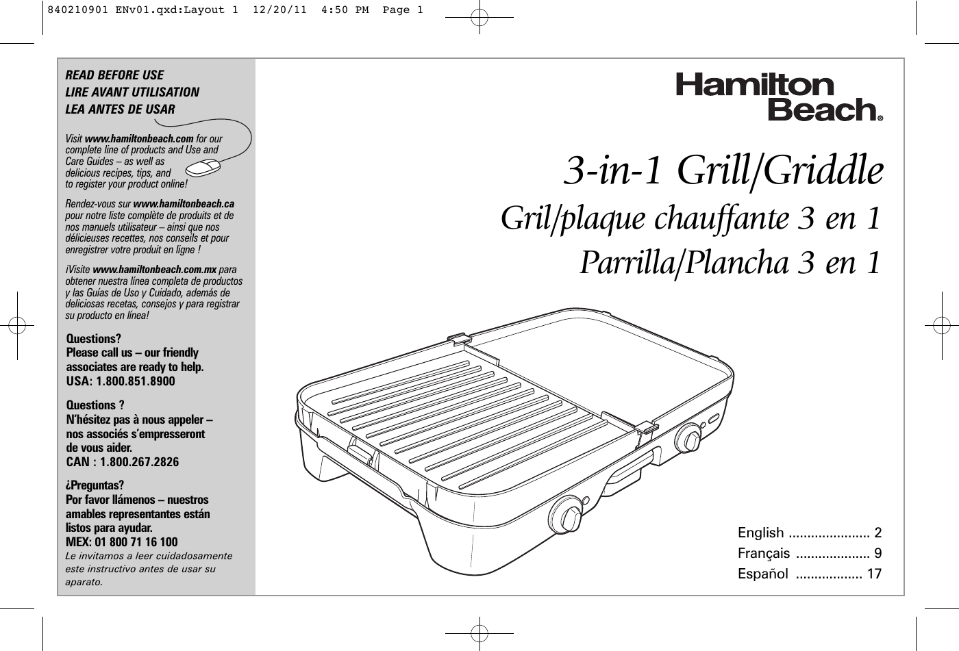 Hamilton Beach 3 In 1 Grill Griddle 38546 Users Manual Print Specs