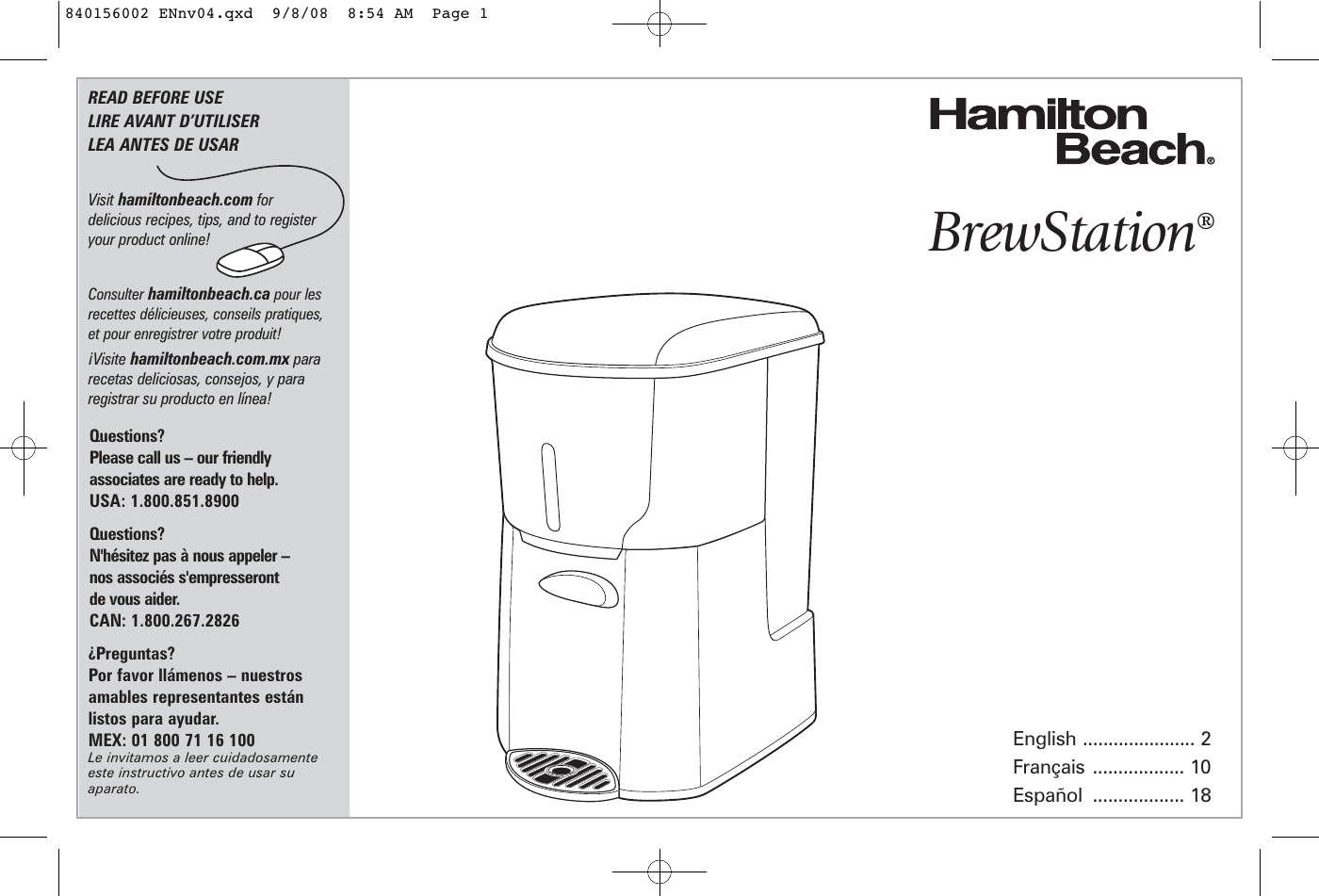 Hamilton Beach 47665 Users Manual Print Specs