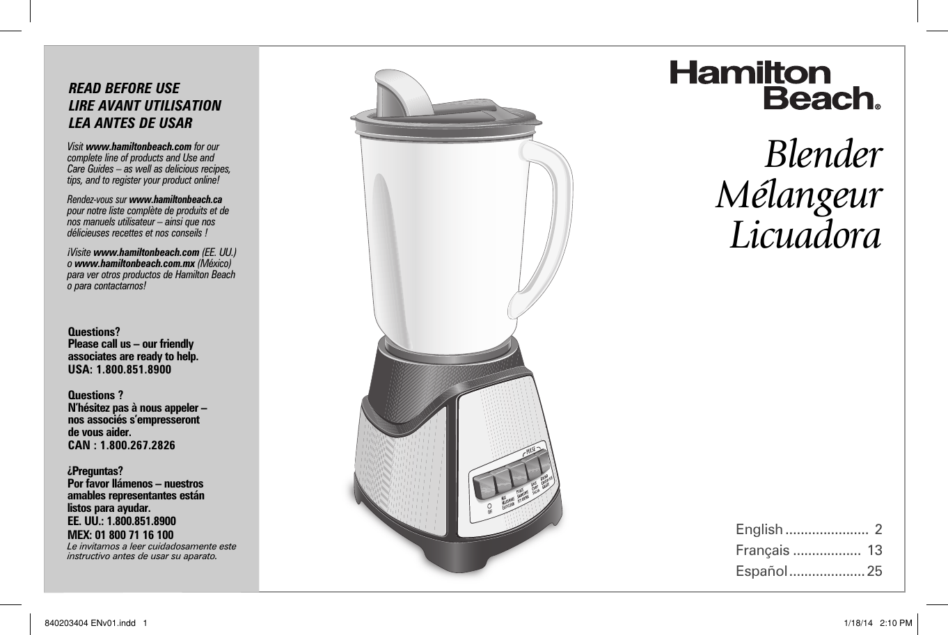Hamilton Beach Blender 58148 Users Manual Print Specs