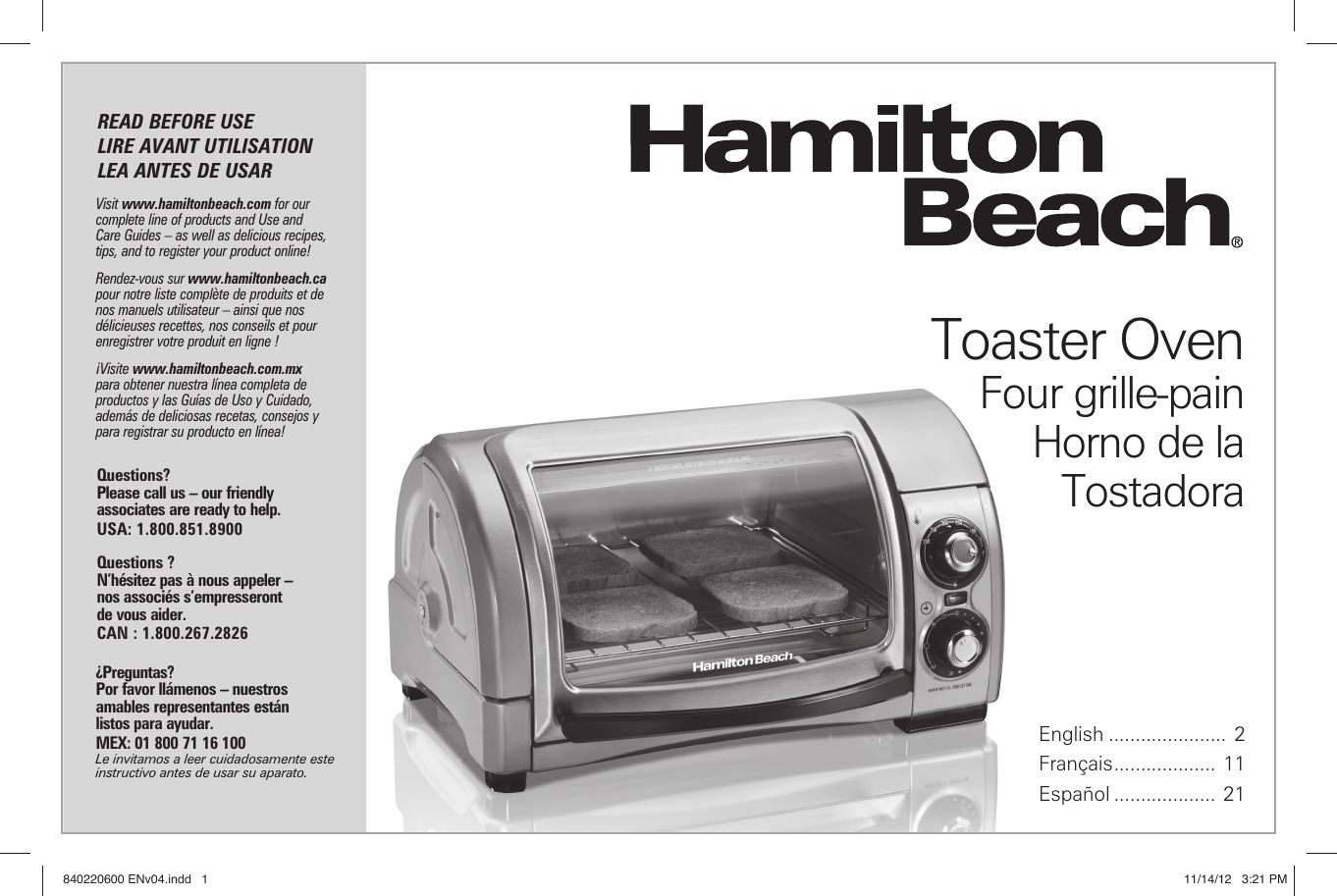 Hamilton Beach Easy Reach 4 Slice Toaster Oven 31334 Users Manual Print