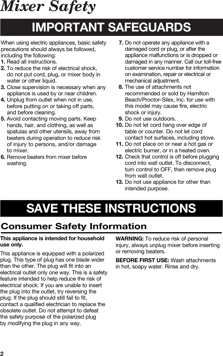 Page 2 of 10 - Hamilton-Beach Hamilton-Beach-Hand-Mixer-62515-Users-Manual- 840082200  Hamilton-beach-hand-mixer-62515-users-manual