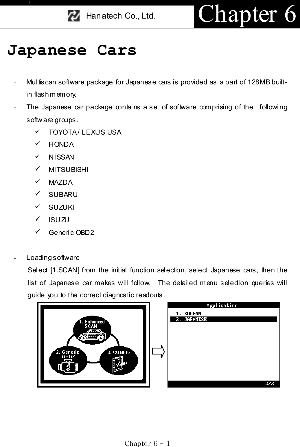 Han atech Co., Ltd.  Chapter 6 GjG]GTG XGJapanese Cars -Multiscan software package for Japanese cars is provided as a part of 128MB built-in flash m em ory.   -The Japanese car package contains a set of software comprising of the   following s oftw are groups.   9 TOYOTA / LEXUS USA   9 HONDA 9 NISSAN 9 MITSUBISHI 9 MAZD A 9 SUBARU 9 SUZUKI 9 ISUZU 9 Generi c OBD2 -Loading software Select [1.SCAN] from the initial function selection, select Japanese cars, then the lis t of Japanes e car makes  will f ollow.  The detailed m enu s el ection queries  will guide you to the correct diagnostic readouts.              