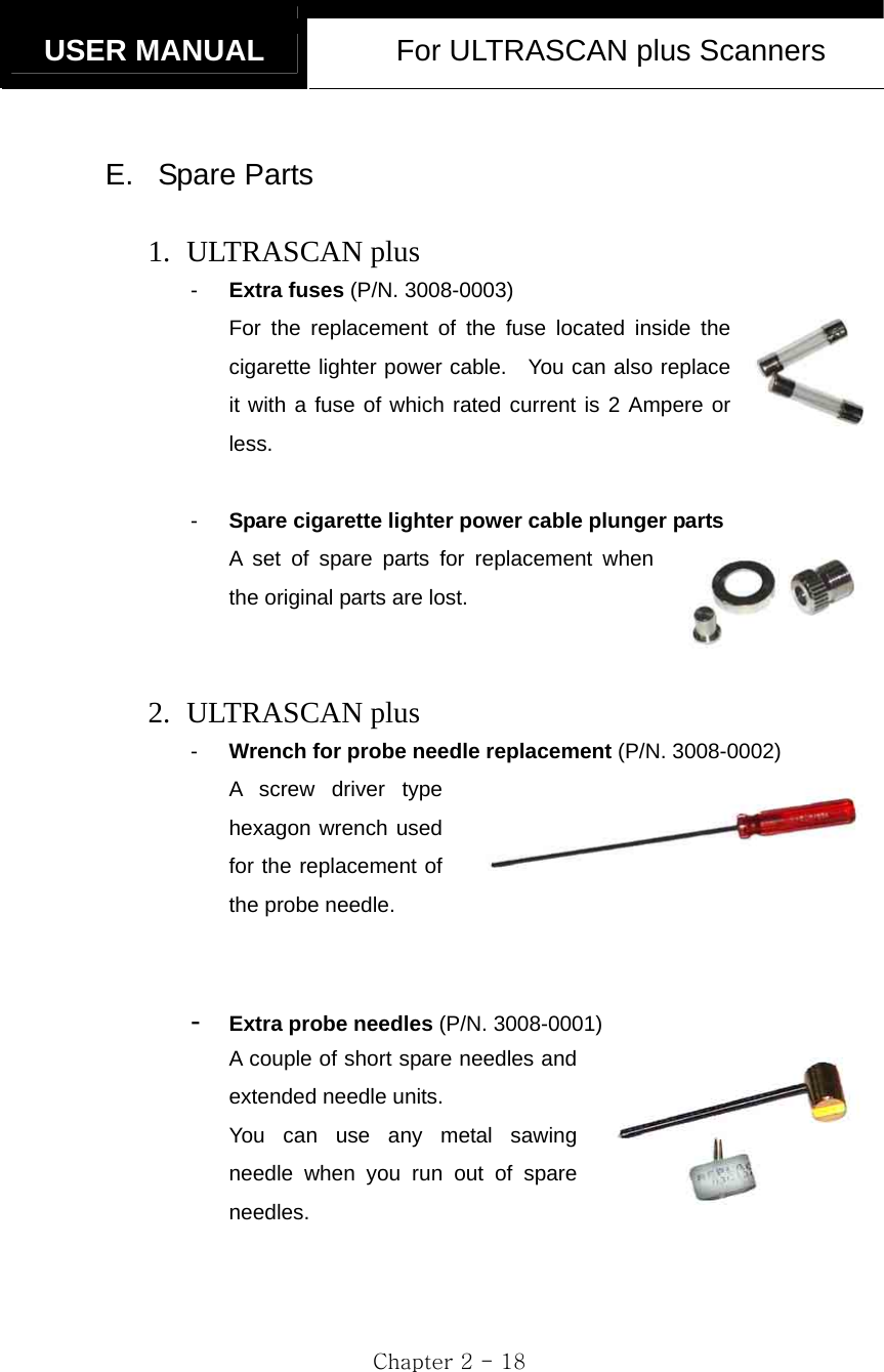   USER MANUAL  For ULTRASCAN plus Scanners  Chapter 2 - 18  E. Spare Parts  1. ULTRASCAN plus -  Extra fuses (P/N. 3008-0003) For the replacement of the fuse located inside the cigarette lighter power cable.  You can also replace it with a fuse of which rated current is 2 Ampere or less.  -  Spare cigarette lighter power cable plunger parts A set of spare parts for replacement when the original parts are lost.   2. ULTRASCAN plus -  Wrench for probe needle replacement (P/N. 3008-0002) A screw driver type hexagon wrench used for the replacement of the probe needle.   -  Extra probe needles (P/N. 3008-0001) A couple of short spare needles and extended needle units. You can use any metal sawing needle when you run out of spare needles. 
