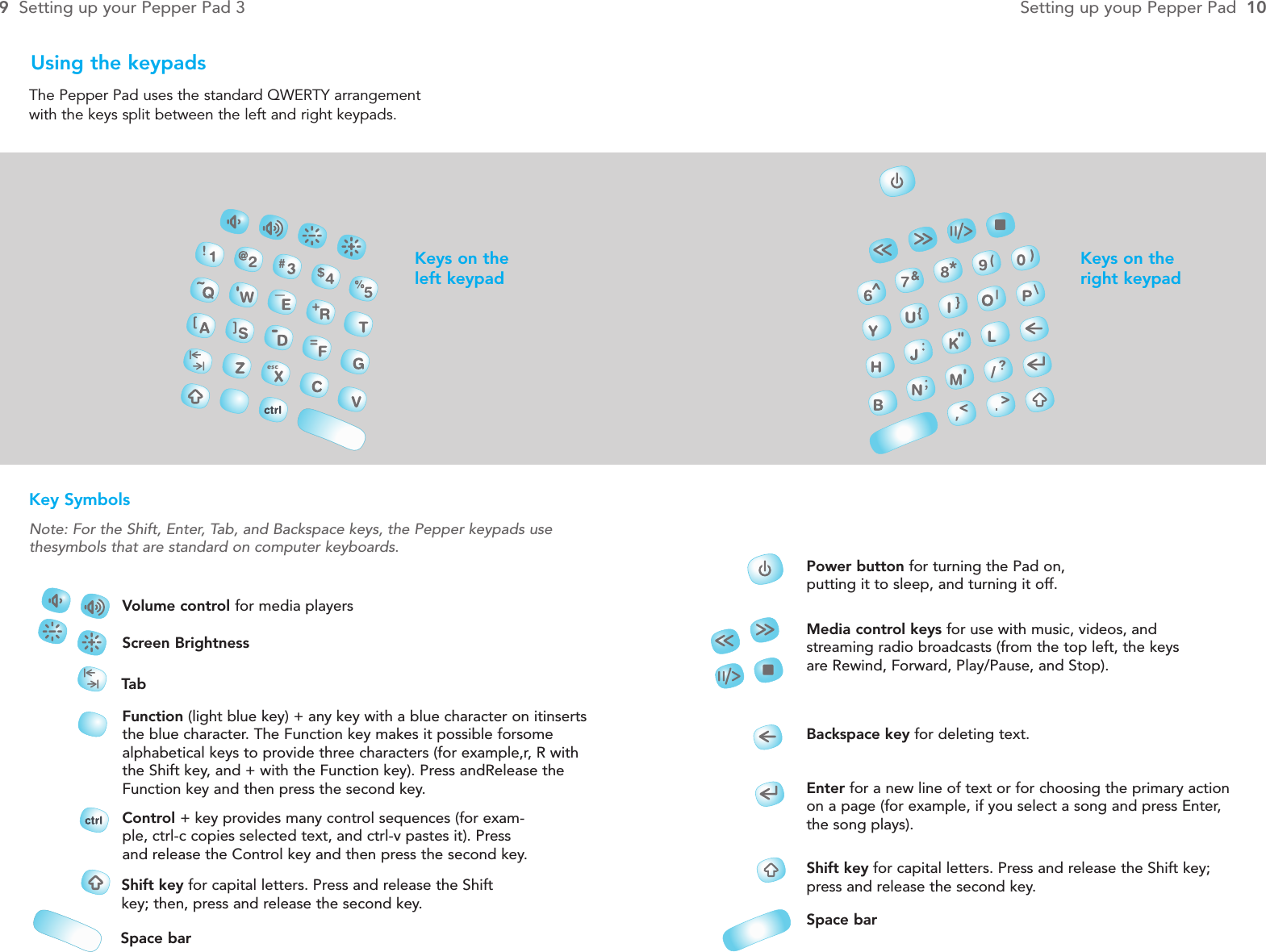 Keys on theright keypadPower button for turning the Pad on,putting it to sleep, and turning it off.Media control keys for use with music, videos, andstreaming radio broadcasts (from the top left, the keysare Rewind, Forward, Play/Pause, and Stop).Backspace key for deleting text.Enter for a new line of text or for choosing the primary actionon a page (for example, if you select a song and press Enter,the song plays).Shift key for capital letters. Press and release the Shift key;press and release the second key.Space bar         Note: For the Shift, Enter, Tab, and Backspace keys, the Pepper keypads usethesymbols that are standard on computer keyboards.Key SymbolsKeys on theleft keypadVolume control for media playersScreen BrightnessTabFunction (light blue key) + any key with a blue character on itinsertsthe blue character. The Function key makes it possible forsomealphabetical keys to provide three characters (for example,r, R withthe Shift key, and + with the Function key). Press andRelease theFunction key and then press the second key.Control + key provides many control sequences (for exam-ple, ctrl-c copies selected text, and ctrl-v pastes it). Pressand release the Control key and then press the second key.Space barShift key for capital letters. Press and release the Shiftkey; then, press and release the second key.The Pepper Pad uses the standard QWERTY arrangement with the keys split between the left and right keypads.Using the keypads9Setting up your Pepper Pad 3 Setting up youp Pepper Pad  10