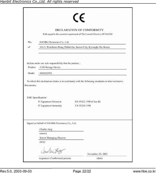 Hanbit Electronics Co.,Ltd. All rights reserved        Rev.5.0, 2003-09-03                        Page 22/22                         www.hbe.co.kr  