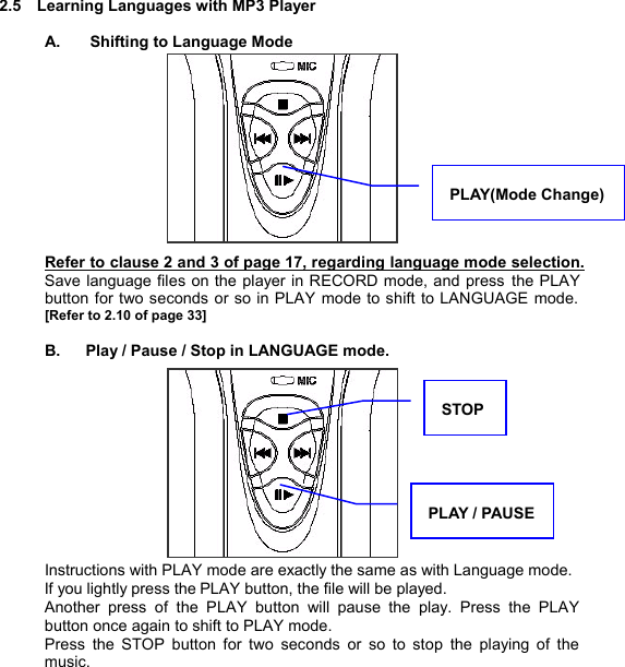  2.5  Learning Languages with MP3 Player  A.  Shifting to Language Mode            Refer to clause 2 and 3 of page 17, regarding language mode selection. Save language files on the player in RECORD mode, and press the PLAY button for two seconds or so in PLAY mode to shift to LANGUAGE mode. [Refer to 2.10 of page 33]  B.  Play / Pause / Stop in LANGUAGE mode.            Instructions with PLAY mode are exactly the same as with Language mode. If you lightly press the PLAY button, the file will be played.   Another press of the PLAY button will pause the play. Press the PLAY button once again to shift to PLAY mode. Press the STOP button for two seconds or so to stop the playing of the music.   PLAY(Mode Change) LANGUAGESTUDY22PLAY / PAUSE STOP 