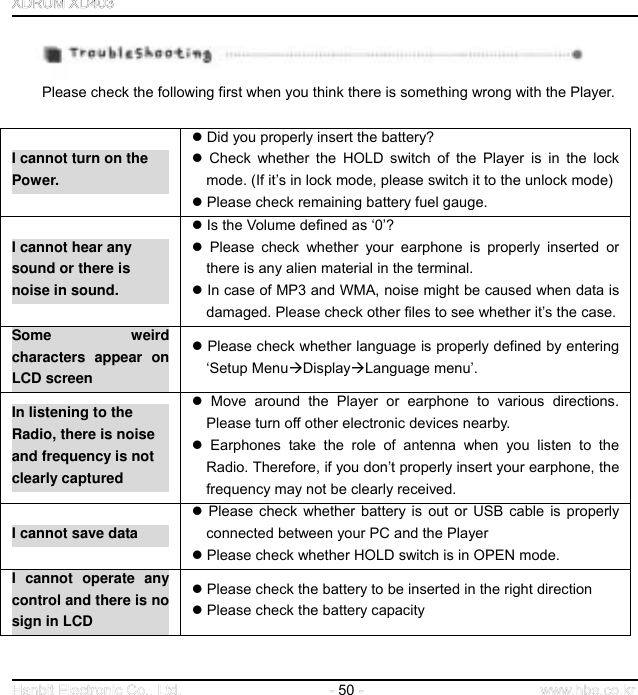  50        Please check the following first when you think there is something wrong with the Player.   I cannot turn on the Power.  Did you properly insert the battery?  Check whether the HOLD switch of the Player is in the lock mode. (If it’s in lock mode, please switch it to the unlock mode)  Please check remaining battery fuel gauge. I cannot hear any sound or there is noise in sound.  Is the Volume defined as ‘0’?  Please check whether your earphone is properly inserted or there is any alien material in the terminal.  In case of MP3 and WMA, noise might be caused when data is damaged. Please check other files to see whether it’s the case. Some weird characters appear on LCD screen  Please check whether language is properly defined by entering ‘Setup MenuDisplayLanguage menu’. In listening to the Radio, there is noise   and frequency is not clearly captured  Move around the Player or earphone to various directions. Please turn off other electronic devices nearby.    Earphones take the role of antenna when you listen to the Radio. Therefore, if you don’t properly insert your earphone, the frequency may not be clearly received. I cannot save data  Please check whether battery is out or USB cable is properly connected between your PC and the Player  Please check whether HOLD switch is in OPEN mode. I cannot operate any control and there is no sign in LCD  Please check the battery to be inserted in the right direction  Please check the battery capacity    