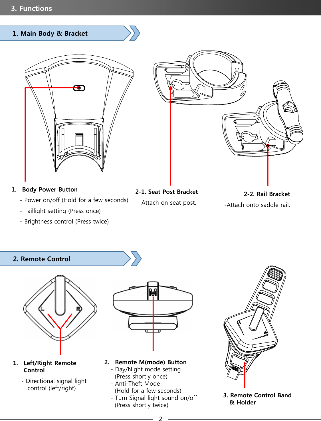 3. Functions1. Main Body &amp; Bracket 2. Remote Control1. Body Power Button- Power on/off (Hold for a few seconds)- Taillight setting (Press once)- Brightness control (Press twice)2-1. Seat Post Bracket- Attach on seat post.2-2. Rail Bracket-Attach onto saddle rail.1. Left/Right Remote Control- Directional signal light           control (left/right)2. Remote M(mode) Button-Day/Night mode setting (Press shortly once)- Anti-Theft Mode (Hold for a few seconds)- Turn Signal light sound on/off (Press shortly twice)3. Remote Control Band &amp; Holder2