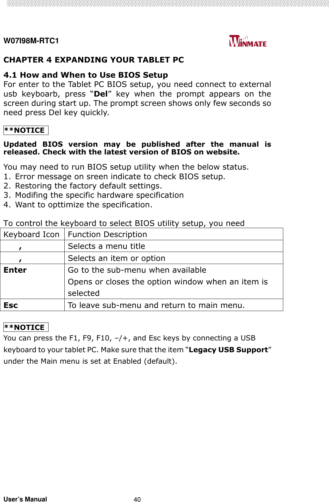  W07I98M-RTC1                                                                                   User’s Manual                                                   40 CHAPTER 4 EXPANDING YOUR TABLET PC 4.1 How and When to Use BIOS Setup                                                                         For enter to the Tablet PC BIOS setup, you need connect to external usb  keyboarb,  press  “Del”  key  when  the  prompt  appears  on  the screen during start up. The prompt screen shows only few seconds so need press Del key quickly.  **NOTICE   Updated  BIOS  version  may  be  published  after  the  manual  is released. Check with the latest version of BIOS on website. You may need to run BIOS setup utility when the below status. 1. Error message on sreen indicate to check BIOS setup. 2. Restoring the factory default settings. 3. Modifing the specific hardware specification 4. Want to opttimize the specification.  To control the keyboard to select BIOS utility setup, you need   Keyboard Icon Function Description ,  Selects a menu title ,  Selects an item or option Enter  Go to the sub-menu when available   Opens or closes the option window when an item is selected Esc  To leave sub-menu and return to main menu.  **NOTICE   You can press the F1, F9, F10, –/+, and Esc keys by connecting a USB keyboard to your tablet PC. Make sure that the item “Legacy USB Support” under the Main menu is set at Enabled (default).  