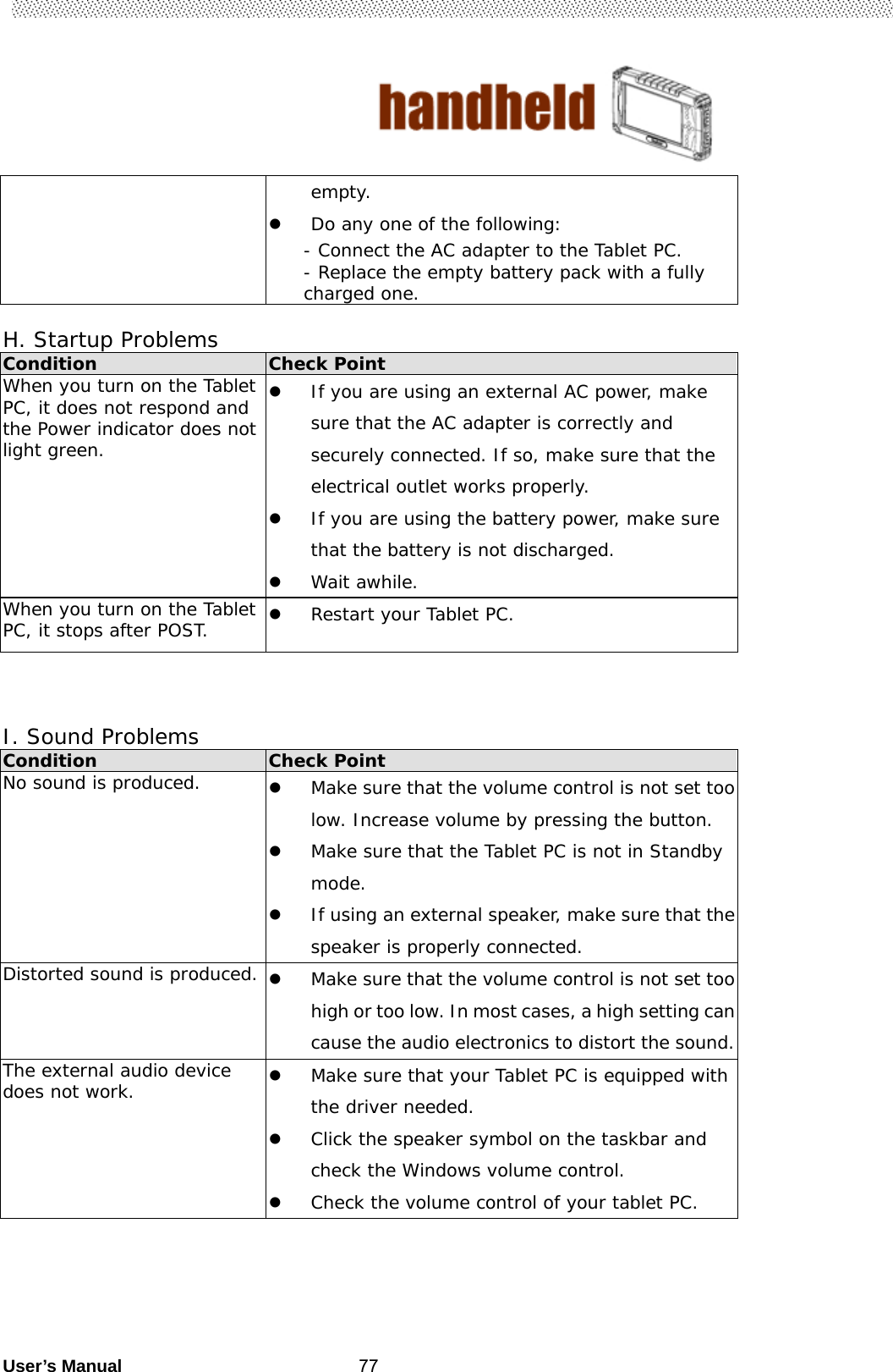                                        User’s Manual                                                   77empty.   Do any one of the following: - Connect the AC adapter to the Tablet PC. - Replace the empty battery pack with a fully charged one.  H. Startup Problems Condition  Check Point When you turn on the Tablet PC, it does not respond and the Power indicator does not light green.  If you are using an external AC power, make sure that the AC adapter is correctly and securely connected. If so, make sure that the electrical outlet works properly.  If you are using the battery power, make sure that the battery is not discharged.  Wait awhile. When you turn on the Tablet PC, it stops after POST.   Restart your Tablet PC.    I. Sound Problems Condition  Check Point No sound is produced.   Make sure that the volume control is not set too low. Increase volume by pressing the button.  Make sure that the Tablet PC is not in Standby mode.  If using an external speaker, make sure that the speaker is properly connected. Distorted sound is produced.   Make sure that the volume control is not set too high or too low. In most cases, a high setting can cause the audio electronics to distort the sound. The external audio device does not work.   Make sure that your Tablet PC is equipped with the driver needed.  Click the speaker symbol on the taskbar and check the Windows volume control.  Check the volume control of your tablet PC.  