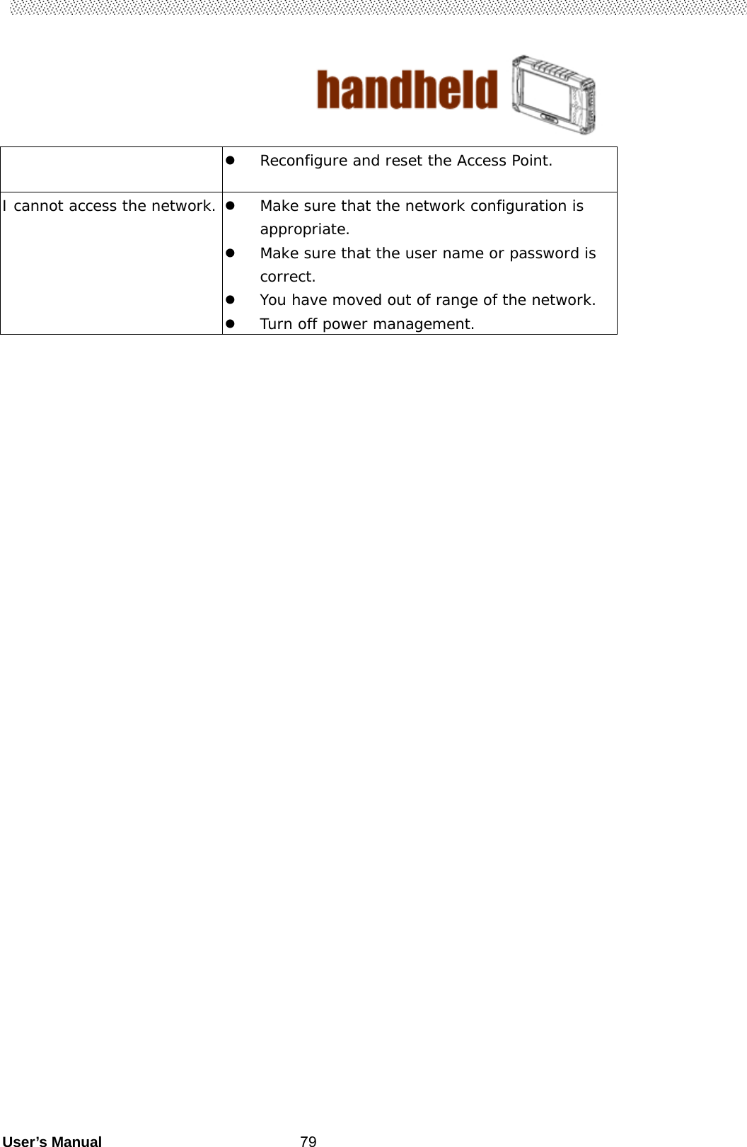                                        User’s Manual                                                   79 Reconfigure and reset the Access Point. I cannot access the network.  Make sure that the network configuration is appropriate.  Make sure that the user name or password is correct.  You have moved out of range of the network.  Turn off power management.  