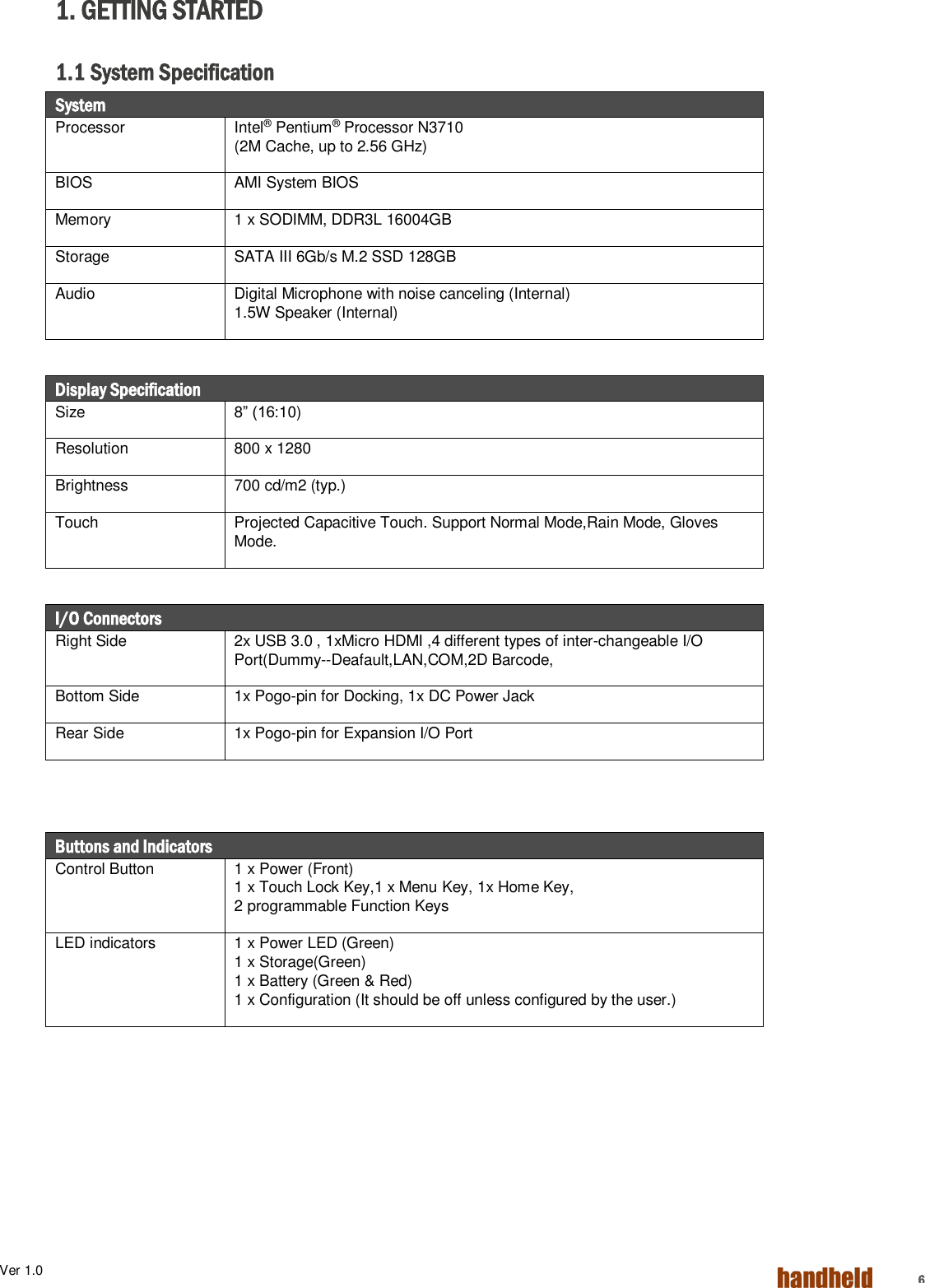 Ver 1.0    6 1. GETTING STARTED  1.1 System Specification System Processor Intel® Pentium® Processor N3710  (2M Cache, up to 2.56 GHz) BIOS AMI System BIOS Memory 1 x SODIMM, DDR3L 16004GB Storage SATA III 6Gb/s M.2 SSD 128GB Audio Digital Microphone with noise canceling (Internal) 1.5W Speaker (Internal)   Display Specification Size  8” (16:10) Resolution 800 x 1280 Brightness 700 cd/m2 (typ.) Touch Projected Capacitive Touch. Support Normal Mode,Rain Mode, Gloves Mode.  I/O Connectors Right Side 2x USB 3.0 , 1xMicro HDMI ,4 different types of inter-changeable I/O Port(Dummy--Deafault,LAN,COM,2D Barcode,  Bottom Side 1x Pogo-pin for Docking, 1x DC Power Jack Rear Side 1x Pogo-pin for Expansion I/O Port     Buttons and Indicators Control Button 1 x Power (Front)    1 x Touch Lock Key,1 x Menu Key, 1x Home Key, 2 programmable Function Keys LED indicators 1 x Power LED (Green) 1 x Storage(Green) 1 x Battery (Green &amp; Red) 1 x Configuration (It should be off unless configured by the user.)     