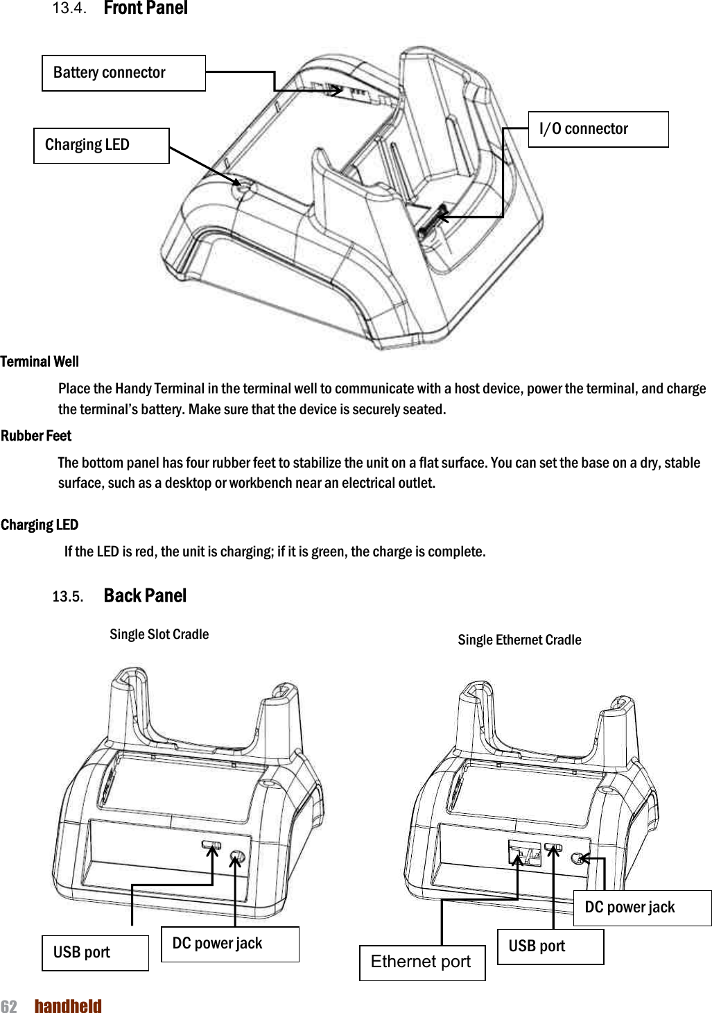 NAUTIZ X4 Manual 62  handheld  13.4.  Front Panel  Terminal Well Place the Handy Terminal in the terminal well to communicate with a host device, power the terminal, and charge the terminal’s battery. Make sure that the device is securely seated.  Rubber Feet The bottom panel has four rubber feet to stabilize the unit on a flat surface. You can set the base on a dry, stable surface, such as a desktop or workbench near an electrical outlet.  Charging LED                If the LED is red, the unit is charging; if it is green, the charge is complete.    13.5. Back Panel               Single Slot Cradle Single Ethernet Cradle I/O connector Battery connector Charging LED USB port DC power jack Ethernet port USB port DC power jack 