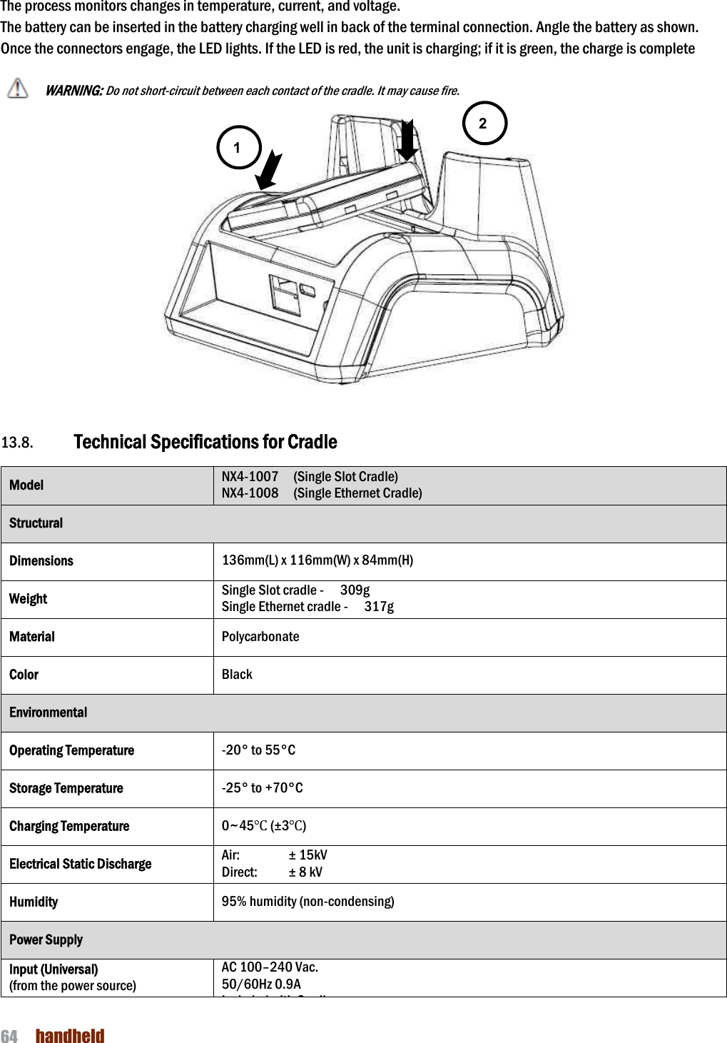 NAUTIZ X4 Manual 64  handheld  The process monitors changes in temperature, current, and voltage. The battery can be inserted in the battery charging well in back of the terminal connection. Angle the battery as shown. Once the connectors engage, the LED lights. If the LED is red, the unit is charging; if it is green, the charge is complete  WARNING: Do not short-circuit between each contact of the cradle. It may cause fire.               13.8. Technical Specifications for Cradle   Model NX4-1007    (Single Slot Cradle) NX4-1008    (Single Ethernet Cradle) Structural Dimensions 136mm(L) x 116mm(W) x 84mm(H) Weight Single Slot cradle -   309g Single Ethernet cradle -   317g Material Polycarbonate Color Black Environmental Operating Temperature -20° to 55°C Storage Temperature -25° to +70°C Charging Temperature 0~45℃ (±3℃) Electrical Static Discharge Air:   Direct: ± 15kV ± 8 kV Humidity 95% humidity (non-condensing) Power Supply Input (Universal) (from the power source) AC 100–240 Vac. 50/60Hz 0.9A Included with Cradle   1 2 