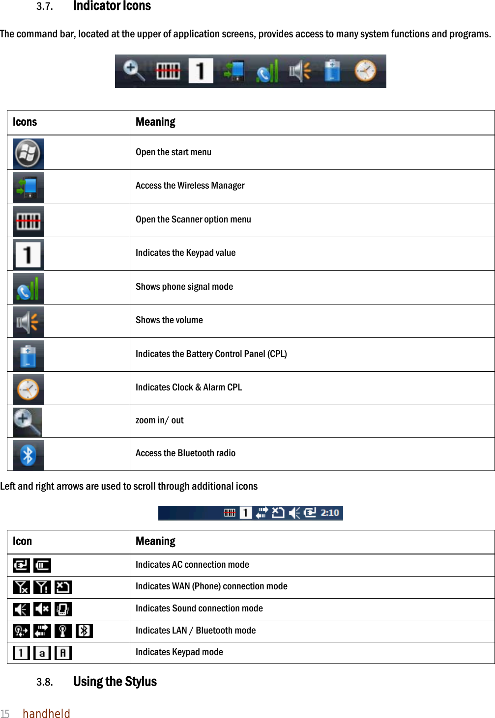 NAUTIZ X4 Manual 15  handheld  3.7. Indicator Icons  The command bar, located at the upper of application screens, provides access to many system functions and programs.         Icons Meaning  Open the start menu  Access the Wireless Manager    Open the Scanner option menu     Indicates the Keypad value    Shows phone signal mode    Shows the volume    Indicates the Battery Control Panel (CPL)    Indicates Clock &amp; Alarm CPL    zoom in/ out  Access the Bluetooth radio  Left and right arrows are used to scroll through additional icons    Icon Meaning    Indicates AC connection mode       Indicates WAN (Phone) connection mode       Indicates Sound connection mode          Indicates LAN / Bluetooth mode      Indicates Keypad mode  3.8. Using the Stylus  