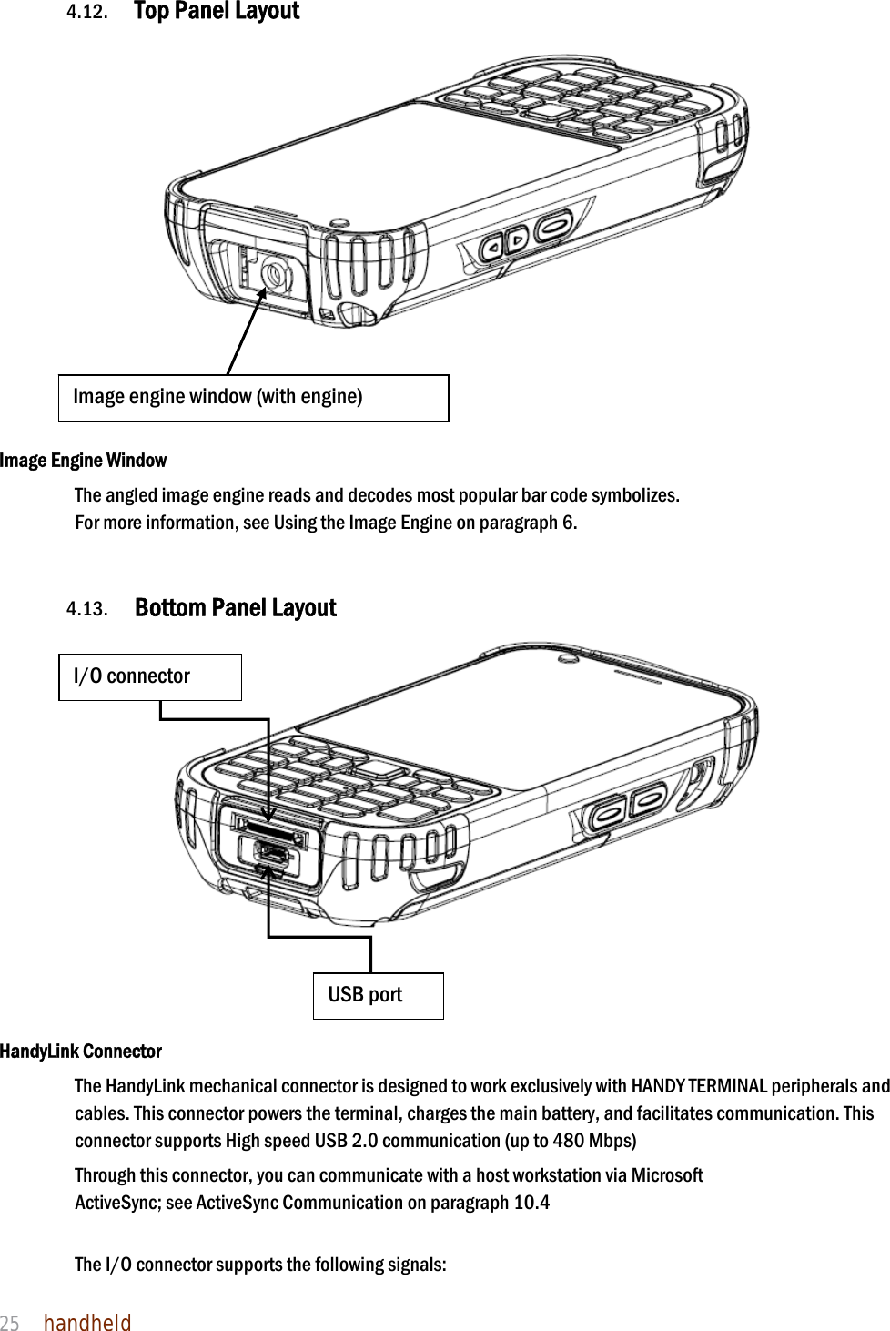 NAUTIZ X4 Manual 25  handheld  4.12. Top Panel Layout       Image Engine Window The angled image engine reads and decodes most popular bar code symbolizes.   For more information, see Using the Image Engine on paragraph 6.     4.13. Bottom Panel Layout       HandyLink Connector The HandyLink mechanical connector is designed to work exclusively with HANDY TERMINAL peripherals and cables. This connector powers the terminal, charges the main battery, and facilitates communication. This connector supports High speed USB 2.0 communication (up to 480 Mbps)    Through this connector, you can communicate with a host workstation via Microsoft ActiveSync; see ActiveSync Communication on paragraph 10.4   The I/O connector supports the following signals: Image engine window (with engine) I/O connector USB port 