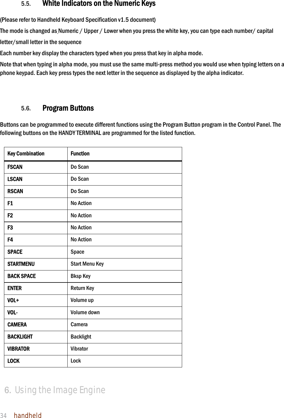 NAUTIZ X4 Manual 34  handheld  5.5. White Indicators on the Numeric Keys    (Please refer to Handheld Keyboard Specification v1.5 document)   The mode is changed as Numeric / Upper / Lower when you press the white key, you can type each number/ capital letter/small letter in the sequence Each number key display the characters typed when you press that key in alpha mode. Note that when typing in alpha mode, you must use the same multi-press method you would use when typing letters on a phone keypad. Each key press types the next letter in the sequence as displayed by the alpha indicator.    5.6. Program Buttons  Buttons can be programmed to execute different functions using the Program Button program in the Control Panel. The following buttons on the HANDY TERMINAL are programmed for the listed function.    Key Combination Function FSCAN Do Scan LSCAN  Do Scan RSCAN  Do Scan F1  No Action F2  No Action F3  No Action F4  No Action SPACE  Space STARTMENU  Start Menu Key BACK SPACE  Bksp Key ENTER  Return Key VOL+  Volume up VOL-  Volume down CAMERA  Camera BACKLIGHT  Backlight VIBRATOR  Vibrator LOCK  Lock   6. Using the Image Engine  