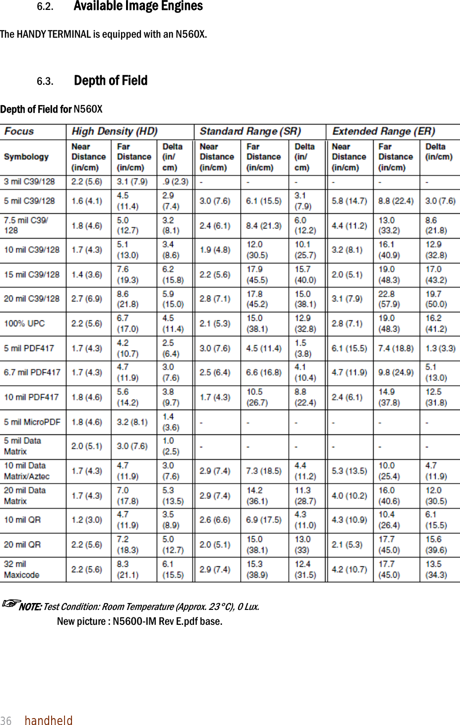 NAUTIZ X4 Manual 36  handheld  6.2. Available Image Engines  The HANDY TERMINAL is equipped with an N560X.   6.3. Depth of Field  Depth of Field for N560X    ☞NOTE: Test Condition: Room Temperature (Approx. 23°C), 0 Lux.   New picture : N5600-IM Rev E.pdf base.     