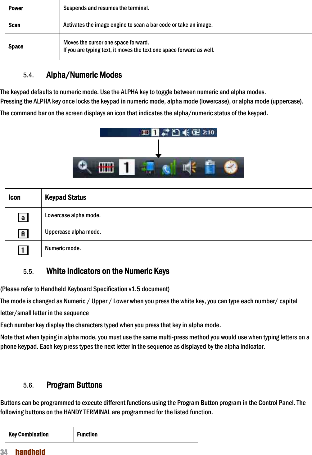 NAUTIZ X4 Manual 34  handheld  Power Suspends and resumes the terminal. Scan Activates the image engine to scan a bar code or take an image. Space Moves the cursor one space forward. If you are typing text, it moves the text one space forward as well.  5.4. Alpha/Numeric Modes     The keypad defaults to numeric mode. Use the ALPHA key to toggle between numeric and alpha modes. Pressing the ALPHA key once locks the keypad in numeric mode, alpha mode (lowercase), or alpha mode (uppercase).  The command bar on the screen displays an icon that indicates the alpha/numeric status of the keypad.       Icon Keypad Status  Lowercase alpha mode.  Uppercase alpha mode.  Numeric mode.  5.5. White Indicators on the Numeric Keys    (Please refer to Handheld Keyboard Specification v1.5 document)   The mode is changed as Numeric / Upper / Lower when you press the white key, you can type each number/ capital letter/small letter in the sequence Each number key display the characters typed when you press that key in alpha mode. Note that when typing in alpha mode, you must use the same multi-press method you would use when typing letters on a phone keypad. Each key press types the next letter in the sequence as displayed by the alpha indicator.    5.6. Program Buttons  Buttons can be programmed to execute different functions using the Program Button program in the Control Panel. The following buttons on the HANDY TERMINAL are programmed for the listed function.    Key Combination Function 