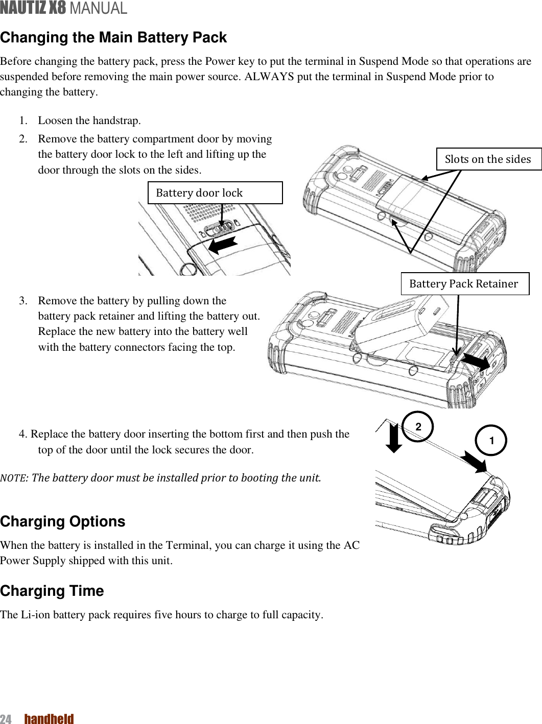 NAUTIZ X8 MANUAL 24  handheld  Changing the Main Battery Pack Before changing the battery pack, press the Power key to put the terminal in Suspend Mode so that operations are suspended before removing the main power source. ALWAYS put the terminal in Suspend Mode prior to changing the battery.   1. Loosen the handstrap.   2. Remove the battery compartment door by moving the battery door lock to the left and lifting up the door through the slots on the sides.         3. Remove the battery by pulling down the battery pack retainer and lifting the battery out. Replace the new battery into the battery well with the battery connectors facing the top.     4. Replace the battery door inserting the bottom first and then push the top of the door until the lock secures the door.  NOTE: The battery door must be installed prior to booting the unit.  Charging Options When the battery is installed in the Terminal, you can charge it using the AC Power Supply shipped with this unit. Charging Time The Li-ion battery pack requires five hours to charge to full capacity.     Slots on the sides Battery Pack Retainer Battery door lock 1 2 