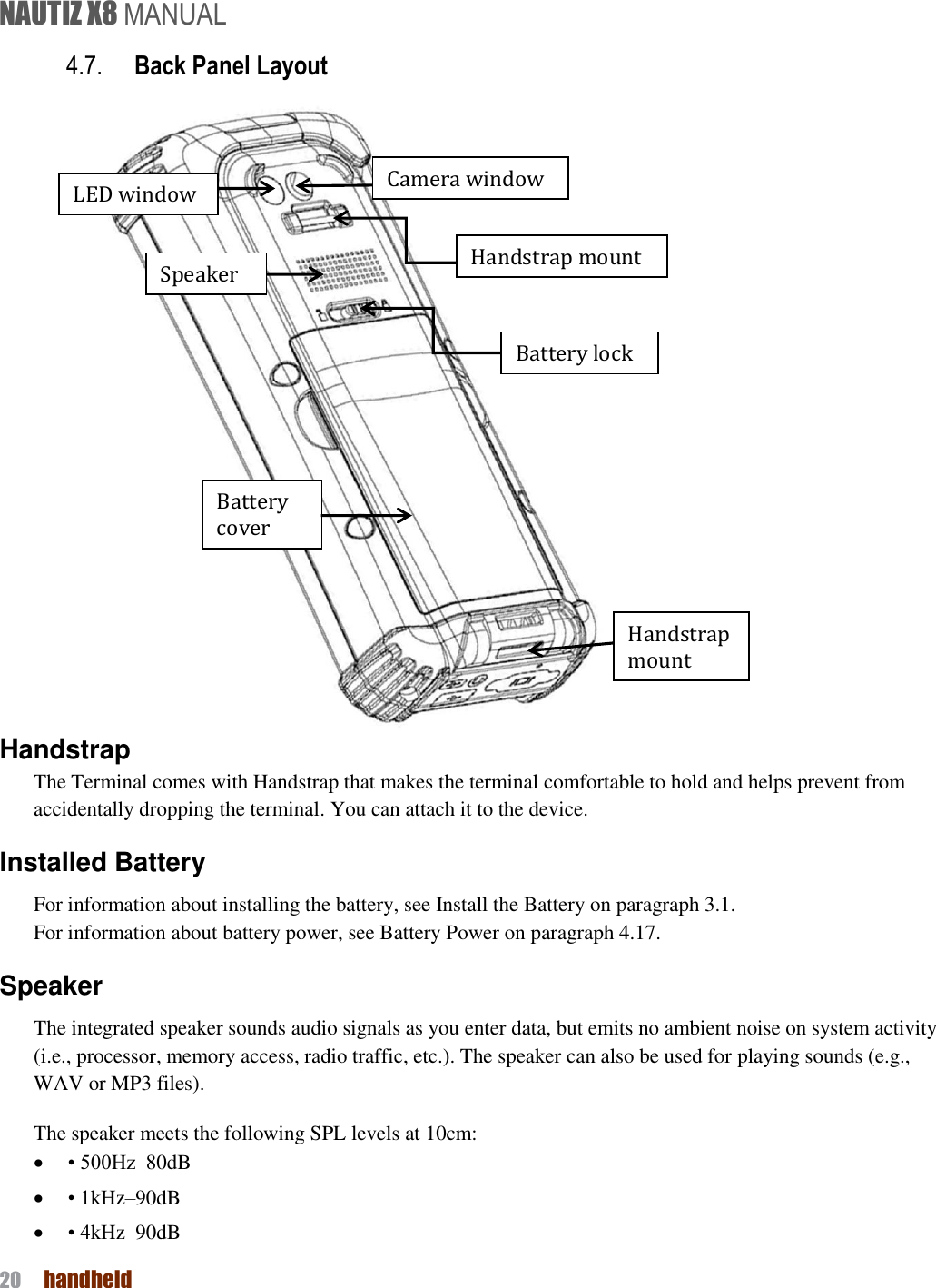 NAUTIZ X8 MANUAL 20  handheld  4.7. Back Panel Layout           Handstrap The Terminal comes with Handstrap that makes the terminal comfortable to hold and helps prevent from accidentally dropping the terminal. You can attach it to the device.   Installed Battery For information about installing the battery, see Install the Battery on paragraph 3.1.   For information about battery power, see Battery Power on paragraph 4.17. Speaker The integrated speaker sounds audio signals as you enter data, but emits no ambient noise on system activity (i.e., processor, memory access, radio traffic, etc.). The speaker can also be used for playing sounds (e.g., WAV or MP3 files). The speaker meets the following SPL levels at 10cm:  • 500Hz–80dB  • 1kHz–90dB  • 4kHz–90dB Battery cover Speaker Handstrap mount LED window Camera window Handstrap mount Battery lock 