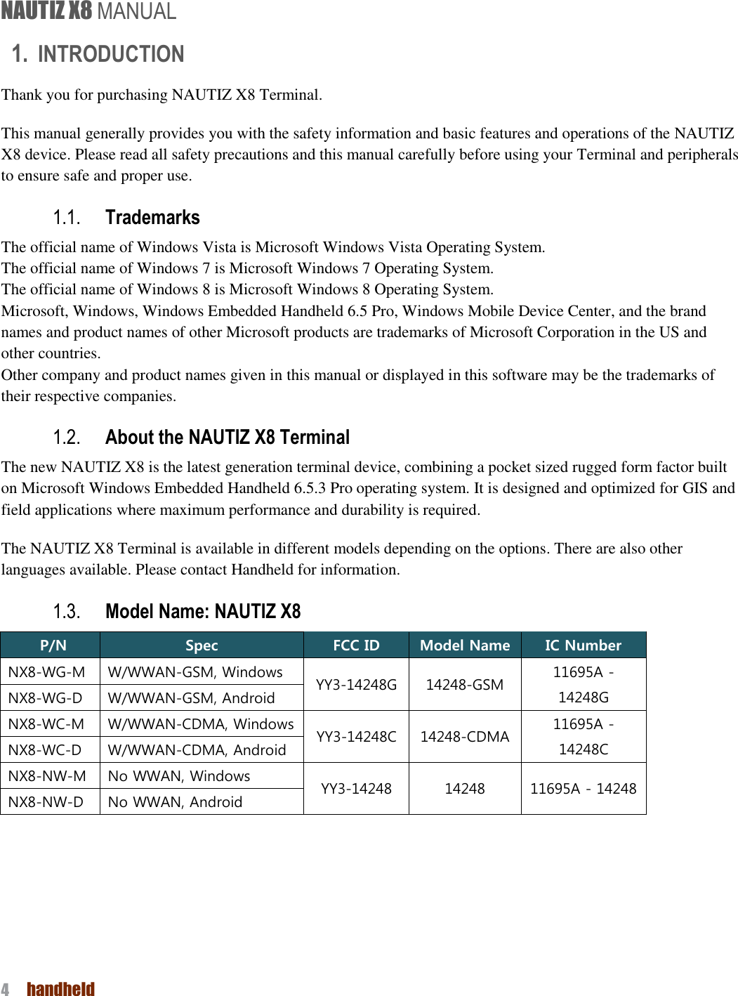 NAUTIZ X8 MANUAL 4  handheld  1. INTRODUCTION Thank you for purchasing NAUTIZ X8 Terminal.   This manual generally provides you with the safety information and basic features and operations of the NAUTIZ X8 device. Please read all safety precautions and this manual carefully before using your Terminal and peripherals to ensure safe and proper use.   1.1. Trademarks The official name of Windows Vista is Microsoft Windows Vista Operating System. The official name of Windows 7 is Microsoft Windows 7 Operating System. The official name of Windows 8 is Microsoft Windows 8 Operating System. Microsoft, Windows, Windows Embedded Handheld 6.5 Pro, Windows Mobile Device Center, and the brand names and product names of other Microsoft products are trademarks of Microsoft Corporation in the US and other countries. Other company and product names given in this manual or displayed in this software may be the trademarks of their respective companies. 1.2. About the NAUTIZ X8 Terminal The new NAUTIZ X8 is the latest generation terminal device, combining a pocket sized rugged form factor built on Microsoft Windows Embedded Handheld 6.5.3 Pro operating system. It is designed and optimized for GIS and field applications where maximum performance and durability is required.   The NAUTIZ X8 Terminal is available in different models depending on the options. There are also other languages available. Please contact Handheld for information.   1.3. Model Name: NAUTIZ X8  P/N Spec FCC ID Model Name IC Number NX8-WG-M W/WWAN-GSM, Windows YY3-14248G 14248-GSM 11695A - 14248G NX8-WG-D W/WWAN-GSM, Android NX8-WC-M W/WWAN-CDMA, Windows YY3-14248C 14248-CDMA 11695A - 14248C NX8-WC-D W/WWAN-CDMA, Android NX8-NW-M No WWAN, Windows YY3-14248 14248 11695A - 14248 NX8-NW-D No WWAN, Android    