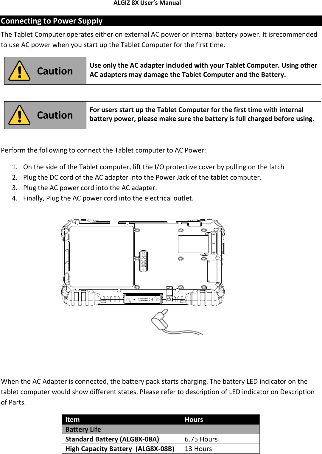 ALGIZ 8X User’s Manual        Connecting to Power Supply The Tablet Computer operates either on external AC power or internal battery power. It isrecommended to use AC power when you start up the Tablet Computer for the first time.   Caution Use only the AC adapter included with your Tablet Computer. Using other AC adapters may damage the Tablet Computer and the Battery.   Caution For users start up the Tablet Computer for the first time with internal battery power, please make sure the battery is full charged before using.  Perform the following to connect the Tablet computer to AC Power: 1. On the side of the Tablet computer, lift the I/O protective cover by pulling on the latch 2. Plug the DC cord of the AC adapter into the Power Jack of the tablet computer. 3. Plug the AC power cord into the AC adapter. 4. Finally, Plug the AC power cord into the electrical outlet.           When the AC Adapter is connected, the battery pack starts charging. The battery LED indicator on the tablet computer would show different states. Please refer to description of LED indicator on Description of Parts. Item Hours Battery Life  Standard Battery (ALG8X-08A) 6.75 Hours High Capacity Battery  (ALG8X-08B) 13 Hours 