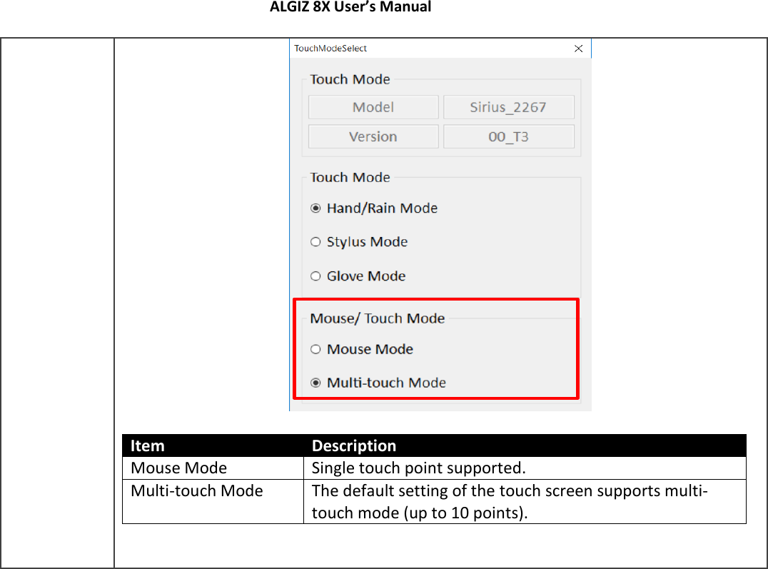 ALGIZ 8X User’s Manual          Item Description Mouse Mode Single touch point supported. Multi-touch Mode The default setting of the touch screen supports multi-touch mode (up to 10 points).                       