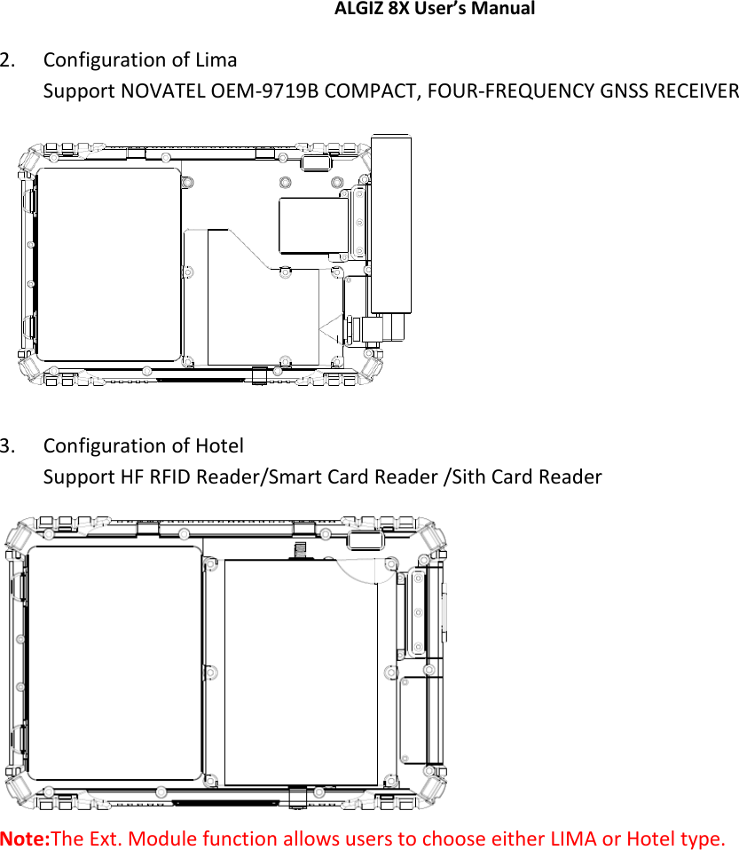 ALGIZ 8X User’s Manual        2. Configuration of Lima Support NOVATEL OEM-9719B COMPACT, FOUR-FREQUENCY GNSS RECEIVER         3. Configuration of Hotel Support HF RFID Reader/Smart Card Reader /Sith Card Reader  Note:The Ext. Module function allows users to choose either LIMA or Hotel type.   