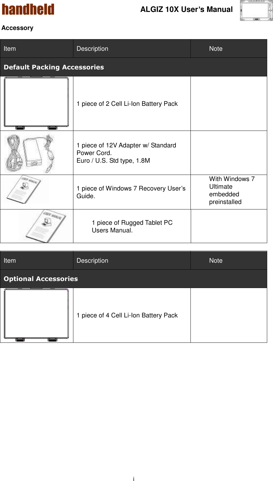 ALGIZ 10X User’s Manual      i   Accessory  Item Description Note Default Packing Accessories  1 piece of 2 Cell Li-Ion Battery Pack   1 piece of 12V Adapter w/ Standard Power Cord. Euro / U.S. Std type, 1.8M   1 piece of Windows 7 Recovery User’s Guide. With Windows 7 Ultimate embedded preinstalled  1 piece of Rugged Tablet PC Users Manual.   Item Description Note Optional Accessories  1 piece of 4 Cell Li-Ion Battery Pack   