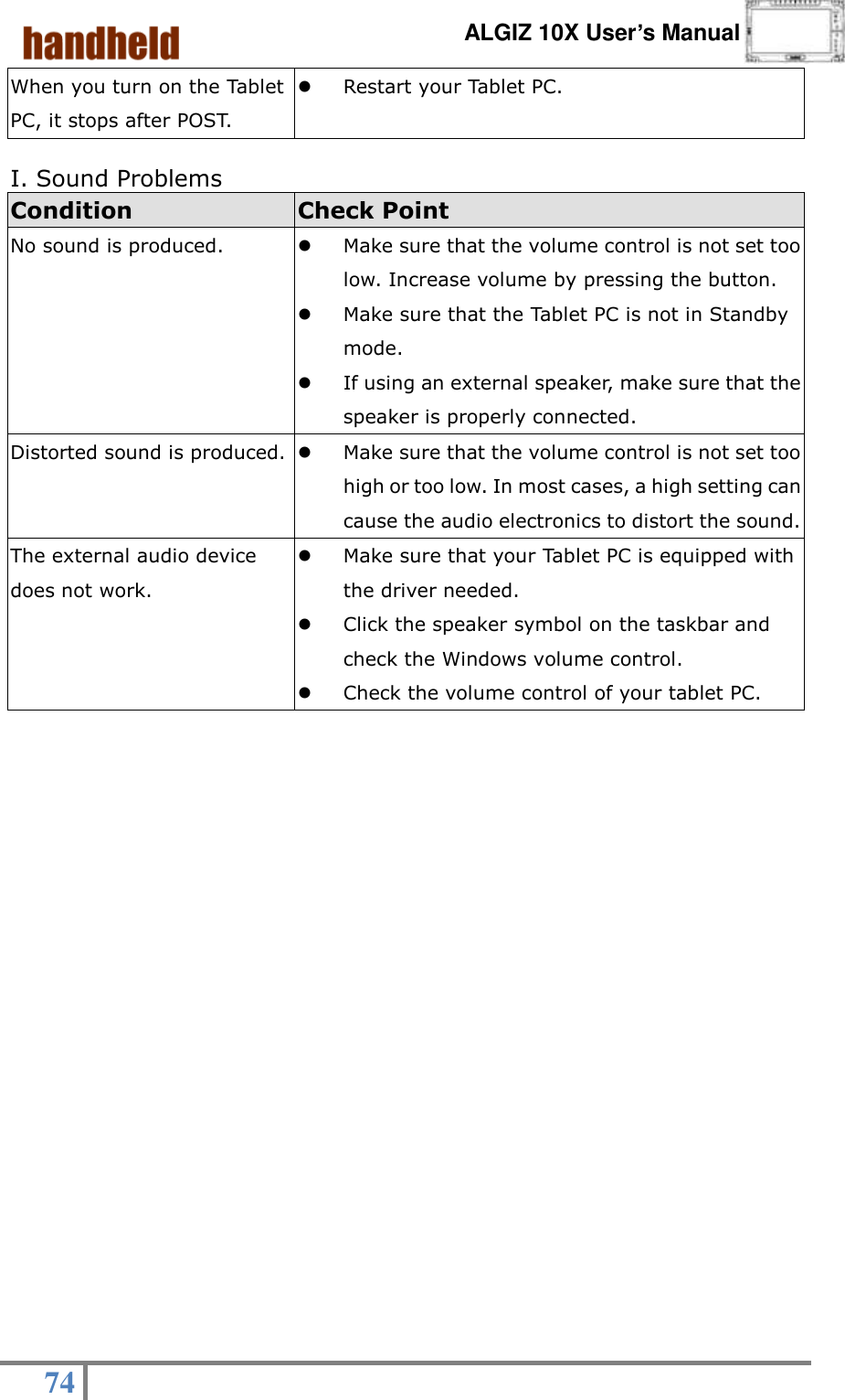      ALGIZ 10X User’s Manual  74   When you turn on the Tablet PC, it stops after POST.  Restart your Tablet PC.  I. Sound Problems Condition Check Point No sound is produced.  Make sure that the volume control is not set too low. Increase volume by pressing the button.  Make sure that the Tablet PC is not in Standby mode.  If using an external speaker, make sure that the speaker is properly connected. Distorted sound is produced.  Make sure that the volume control is not set too high or too low. In most cases, a high setting can cause the audio electronics to distort the sound. The external audio device does not work.  Make sure that your Tablet PC is equipped with the driver needed.  Click the speaker symbol on the taskbar and check the Windows volume control.  Check the volume control of your tablet PC.  