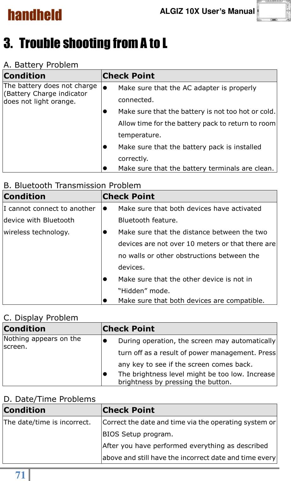      ALGIZ 10X User’s Manual  71   3. Trouble shooting from A to L                                        A. Battery Problem Condition Check Point The battery does not charge (Battery Charge indicator does not light orange.  Make sure that the AC adapter is properly connected.  Make sure that the battery is not too hot or cold. Allow time for the battery pack to return to room temperature.  Make sure that the battery pack is installed correctly.  Make sure that the battery terminals are clean.  B. Bluetooth Transmission Problem Condition Check Point I cannot connect to another device with Bluetooth wireless technology.  Make sure that both devices have activated Bluetooth feature.  Make sure that the distance between the two devices are not over 10 meters or that there are no walls or other obstructions between the devices.  Make sure that the other device is not in “Hidden” mode.  Make sure that both devices are compatible.  C. Display Problem Condition Check Point Nothing appears on the screen.  During operation, the screen may automatically turn off as a result of power management. Press any key to see if the screen comes back.  The brightness level might be too low. Increase brightness by pressing the button.  D. Date/Time Problems Condition Check Point The date/time is incorrect. Correct the date and time via the operating system or BIOS Setup program. After you have performed everything as described above and still have the incorrect date and time every 