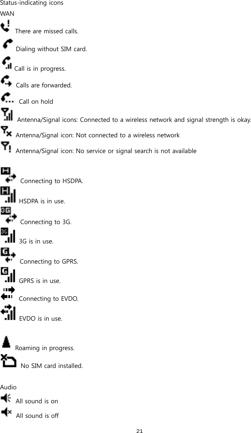  21Status-indicating icons WAN   There are missed calls. Dialing without SIM card. Call is in progress.   Calls are forwarded.   Call on hold   Antenna/Signal icons: Connected to a wireless network and signal strength is okay.   Antenna/Signal icon: Not connected to a wireless network   Antenna/Signal icon: No service or signal search is not available    Connecting to HSDPA.   HSDPA is in use.   Connecting to 3G.  3G is in use.   Connecting to GPRS.  GPRS is in use.   Connecting to EVDO.   EVDO is in use.      Roaming in progress.   No SIM card installed.    Audio   All sound is on   All sound is off 