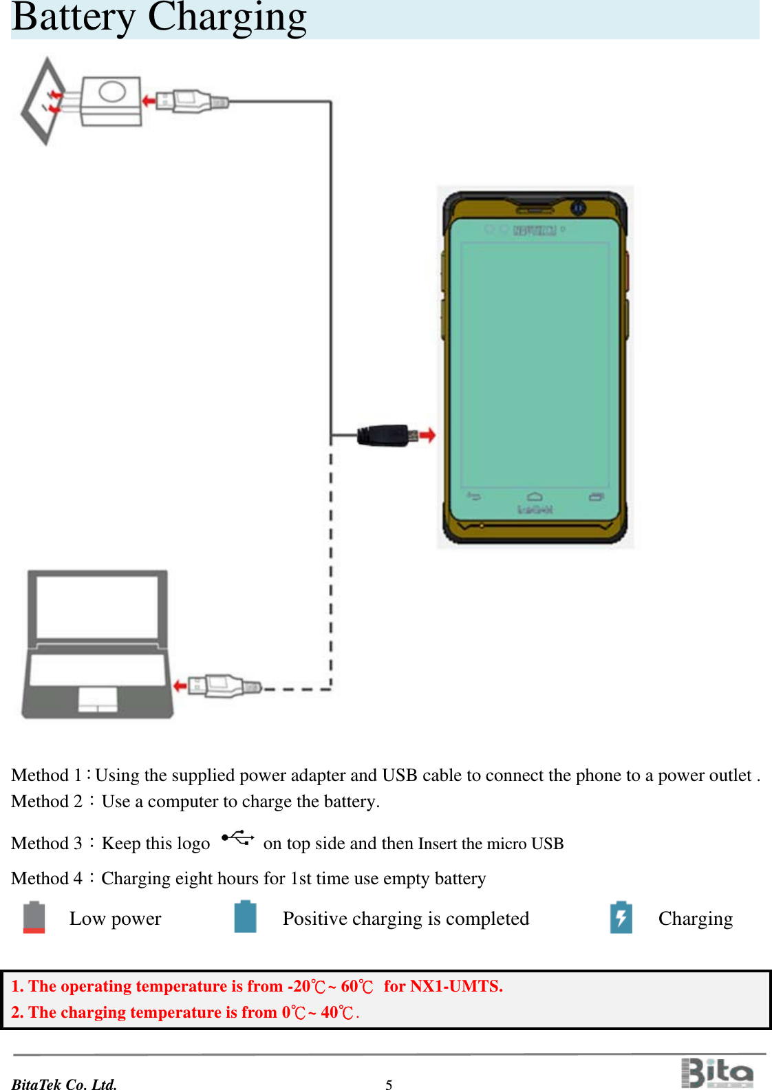 BitaTek Co. Ltd.                                  5                                         Battery Charging                        Method 1：Using the supplied power adapter and USB cable to connect the phone to a power outlet . Method 2：Use a computer to charge the battery. Method 3：Keep this logo    on top side and then Insert the micro USB   Method 4：Charging eight hours for 1st time use empty battery   Low power     Positive charging is completed     Charging  1. The operating temperature is from -20℃~ 60℃ for NX1-UMTS. 2. The charging temperature is from 0℃~ 40℃.  