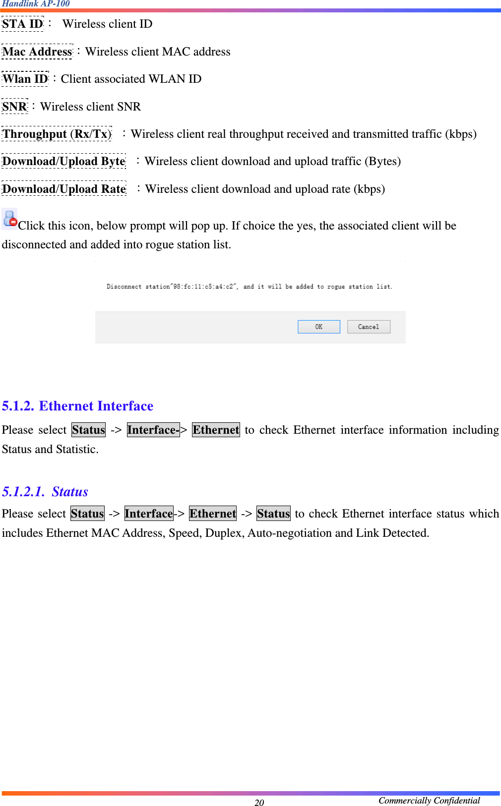 Handlink AP-100                                             Commercially Confidential 20STA ID：  Wireless client ID Mac Address：Wireless client MAC address Wlan ID：Client associated WLAN ID SNR：Wireless client SNR Throughput (Rx/Tx)  ：Wireless client real throughput received and transmitted traffic (kbps) Download/Upload Byte ：Wireless client download and upload traffic (Bytes) Download/Upload Rate ：Wireless client download and upload rate (kbps) Click this icon, below prompt will pop up. If choice the yes, the associated client will be disconnected and added into rogue station list.      5.1.2. Ethernet Interface Please select Status -&gt; Interface-&gt;  Ethernet to check Ethernet interface information including Status and Statistic.  5.1.2.1. Status Please select Status -&gt; Interface-&gt; Ethernet -&gt; Status to check Ethernet interface status which includes Ethernet MAC Address, Speed, Duplex, Auto-negotiation and Link Detected.  