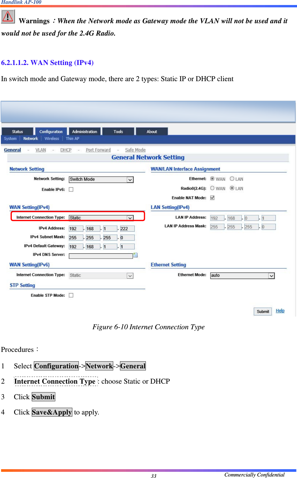 Handlink AP-100                                             Commercially Confidential 33 Warnings：When the Network mode as Gateway mode the VLAN will not be used and it would not be used for the 2.4G Radio.  6.2.1.1.2. WAN Setting (IPv4) In switch mode and Gateway mode, there are 2 types: Static IP or DHCP client   Figure 6-10 Internet Connection Type   Procedures： 1 Select Configuration-&gt;Network-&gt;General 2 Internet Connection Type : choose Static or DHCP 3 Click Submit 4 Click Save&amp;Apply to apply.     