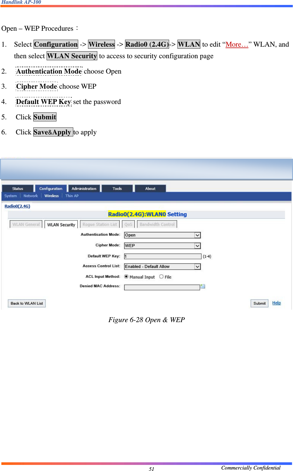 Handlink AP-100                                             Commercially Confidential 51 Open – WEP Procedures： 1. Select Configuration -&gt; Wireless -&gt; Radio0 (2.4G)-&gt; WLAN to edit “More…” WLAN, and then select WLAN Security to access to security configuration page 2. Authentication Mode choose Open 3. Cipher Mode choose WEP 4. Default WEP Key set the password 5. Click Submit 6. Click Save&amp;Apply to apply   Figure 6-28 Open &amp; WEP           
