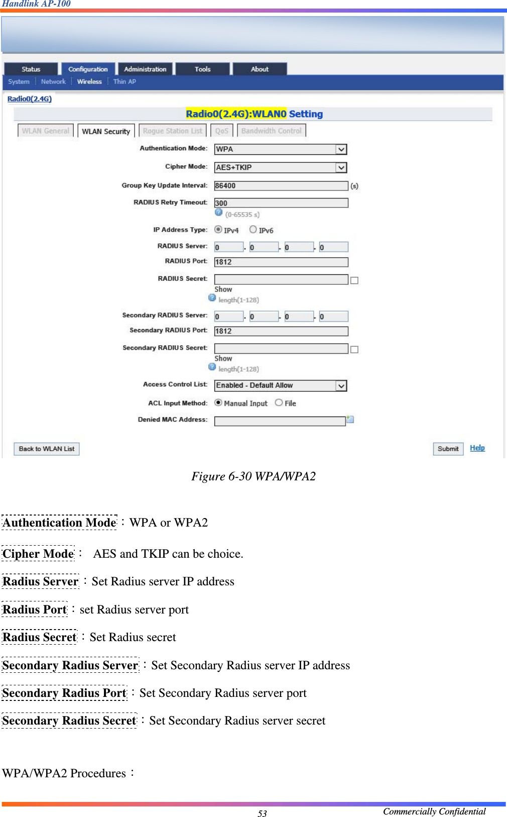 Handlink AP-100                                             Commercially Confidential 53 Figure 6-30 WPA/WPA2  Authentication Mode：WPA or WPA2 Cipher Mode：  AES and TKIP can be choice. Radius Server：Set Radius server IP address Radius Port：set Radius server port Radius Secret：Set Radius secret Secondary Radius Server：Set Secondary Radius server IP address Secondary Radius Port：Set Secondary Radius server port Secondary Radius Secret：Set Secondary Radius server secret  WPA/WPA2 Procedures：  
