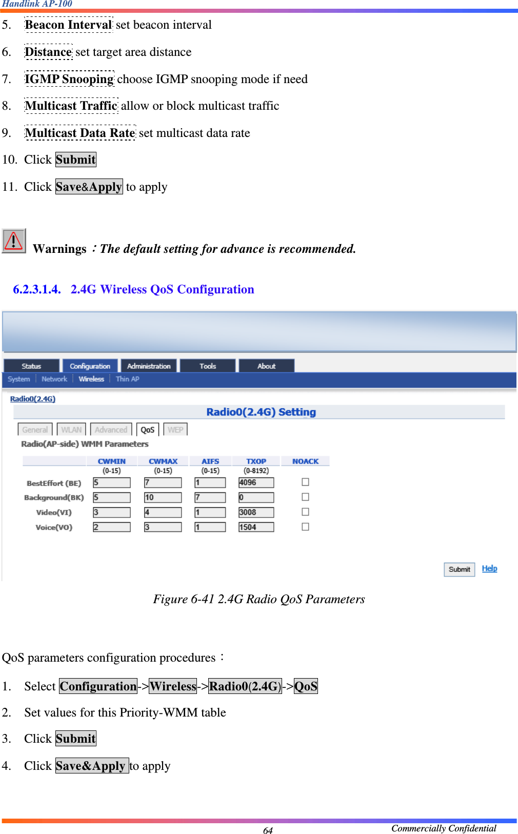 Handlink AP-100                                             Commercially Confidential 645. Beacon Interval set beacon interval 6. Distance set target area distance 7. IGMP Snooping choose IGMP snooping mode if need 8. Multicast Traffic allow or block multicast traffic 9. Multicast Data Rate set multicast data rate 10. Click Submit 11. Click Save&amp;Apply to apply   Warnings：The default setting for advance is recommended.  6.2.3.1.4. 2.4G Wireless QoS Configuration  Figure 6-41 2.4G Radio QoS Parameters    QoS parameters configuration procedures： 1. Select Configuration-&gt;Wireless-&gt;Radio0(2.4G)-&gt;QoS  2. Set values for this Priority-WMM table 3. Click Submit 4. Click Save&amp;Apply to apply   