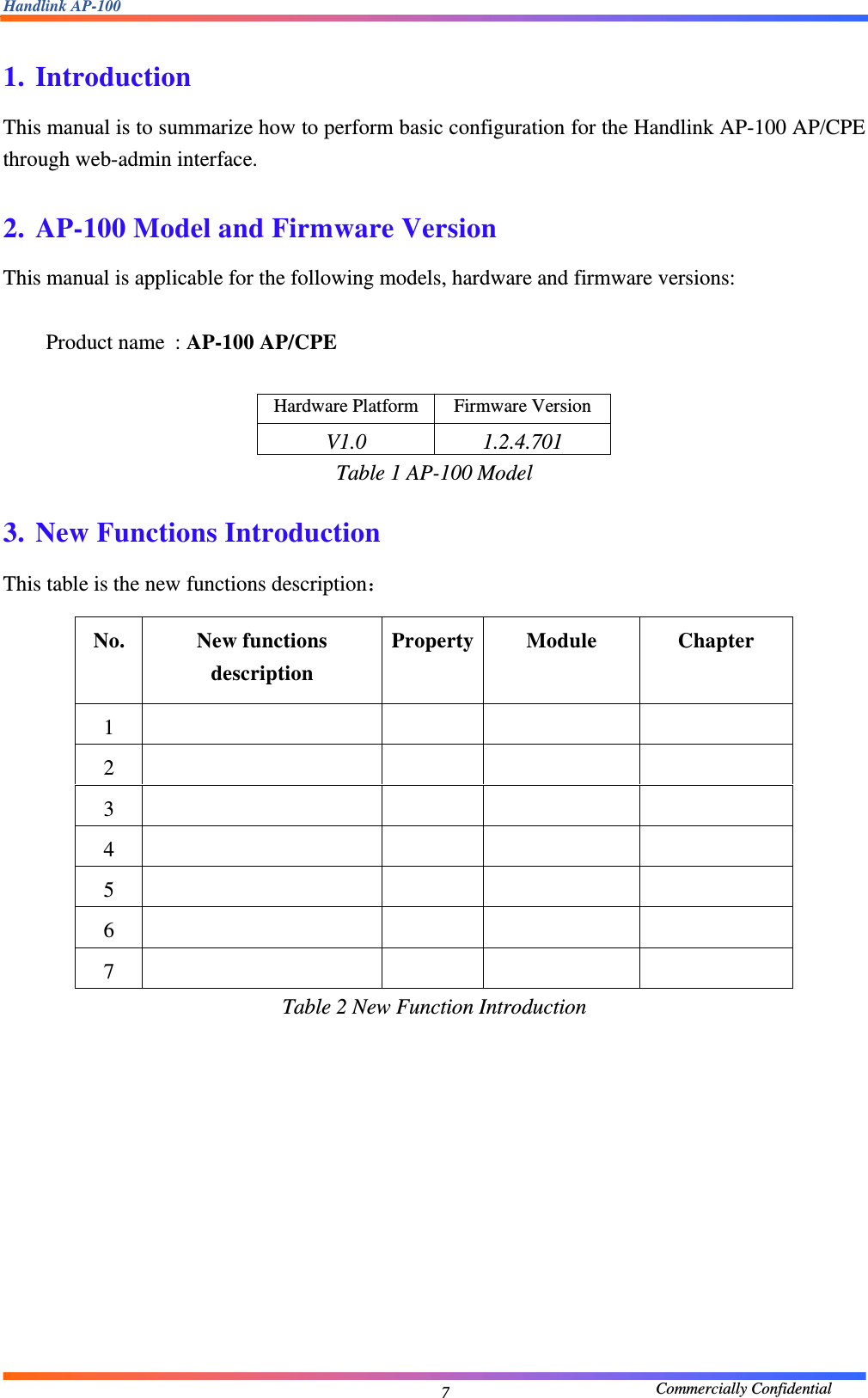 Handlink AP-100                                             Commercially Confidential 7 1. Introduction This manual is to summarize how to perform basic configuration for the Handlink AP-100 AP/CPE through web-admin interface.      2. AP-100 Model and Firmware Version This manual is applicable for the following models, hardware and firmware versions:      Product name  : AP-100 AP/CPE   Hardware Platform Firmware Version V1.0 1.2.4.701 Table 1 AP-100 Model  3. New Functions Introduction This table is the new functions description： No. New functions description Property Module Chapter 1       2        3        4        5        6        7        Table 2 New Function Introduction           