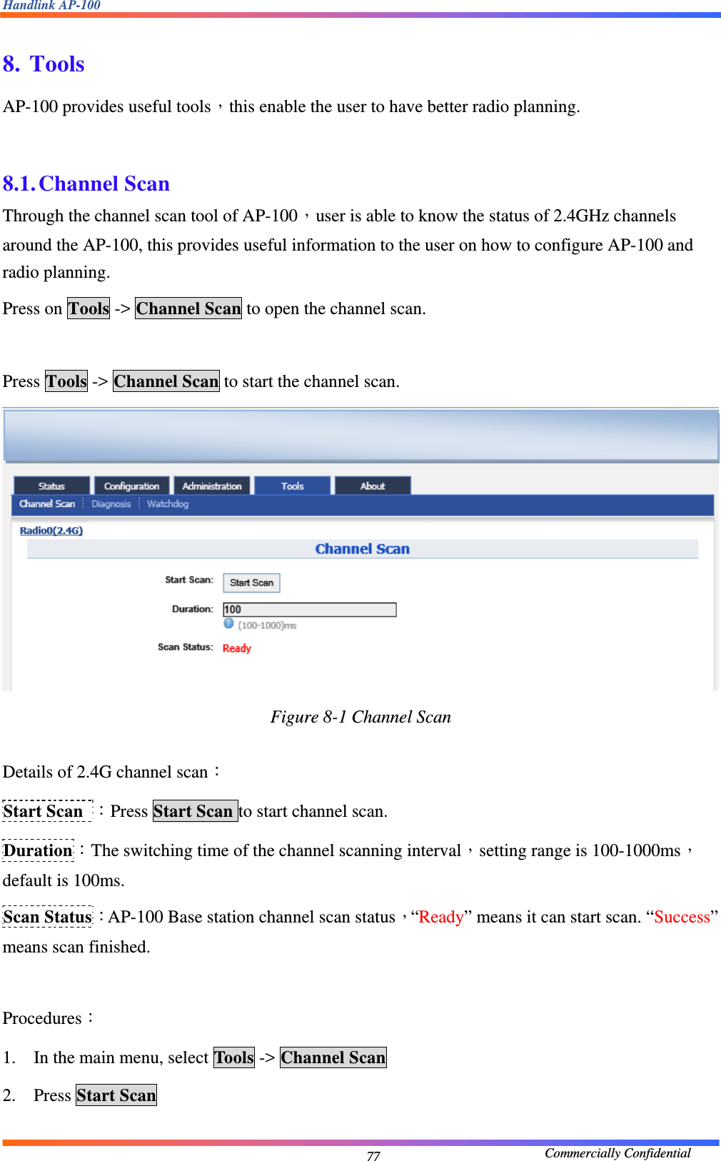 Handlink AP-100                                             Commercially Confidential 77 8. Tools AP-100 provides useful tools，this enable the user to have better radio planning.    8.1. Channel Scan Through the channel scan tool of AP-100，user is able to know the status of 2.4GHz channels around the AP-100, this provides useful information to the user on how to configure AP-100 and radio planning. Press on Tools -&gt; Channel Scan to open the channel scan.  Press Tools -&gt; Channel Scan to start the channel scan.  Figure 8-1 Channel Scan   Details of 2.4G channel scan： Start Scan ：Press Start Scan to start channel scan. Duration：The switching time of the channel scanning interval，setting range is 100-1000ms，default is 100ms. Scan Status：AP-100 Base station channel scan status，“Ready” means it can start scan. “Success” means scan finished.  Procedures： 1. In the main menu, select Tools -&gt; Channel Scan  2. Press Start Scan  