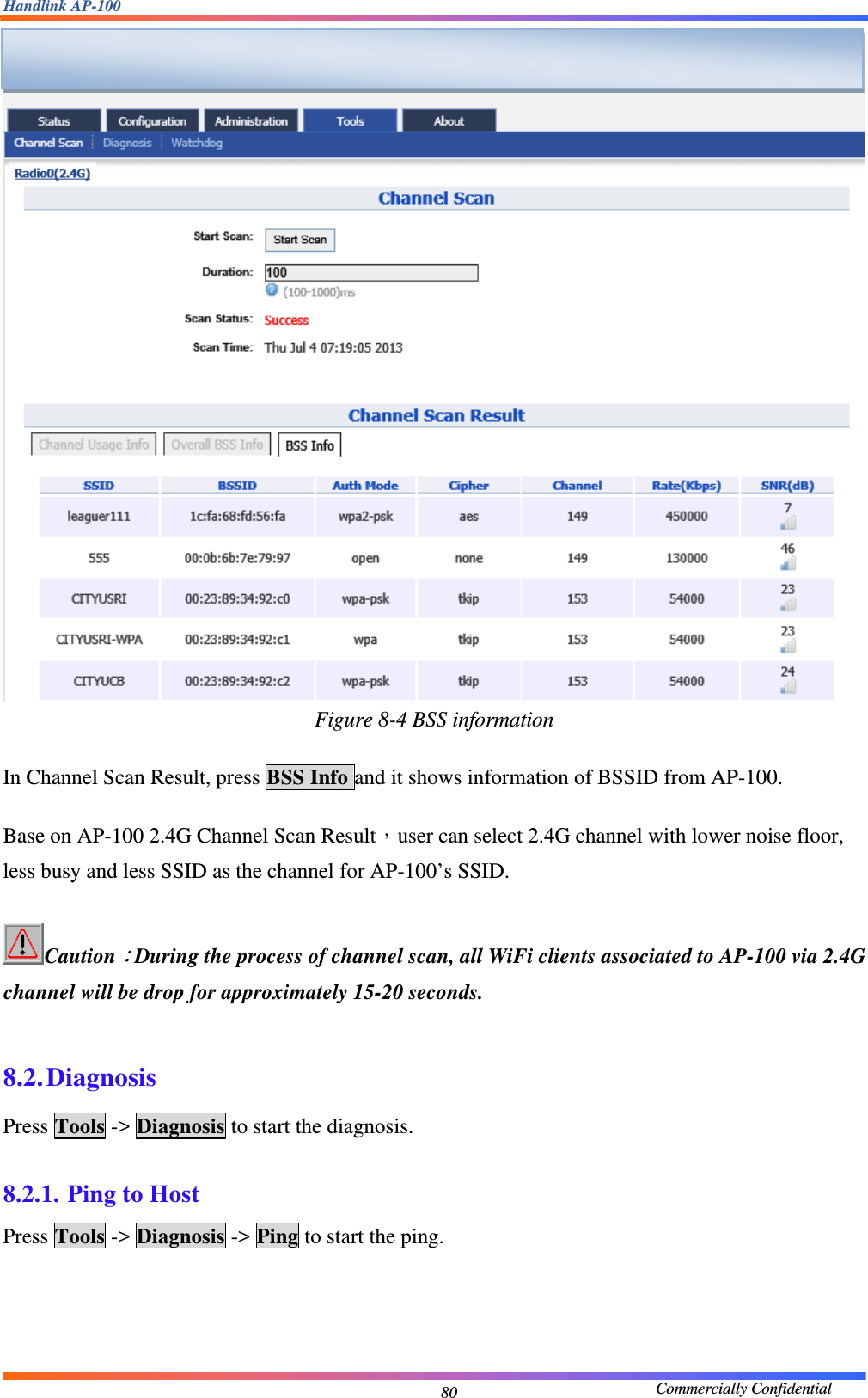 Handlink AP-100                                             Commercially Confidential 80 Figure 8-4 BSS information  In Channel Scan Result, press BSS Info and it shows information of BSSID from AP-100.  Base on AP-100 2.4G Channel Scan Result，user can select 2.4G channel with lower noise floor, less busy and less SSID as the channel for AP-100’s SSID.   Caution：During the process of channel scan, all WiFi clients associated to AP-100 via 2.4G channel will be drop for approximately 15-20 seconds.  8.2. Diagnosis Press Tools -&gt; Diagnosis to start the diagnosis.  8.2.1. Ping to Host Press Tools -&gt; Diagnosis -&gt; Ping to start the ping.   
