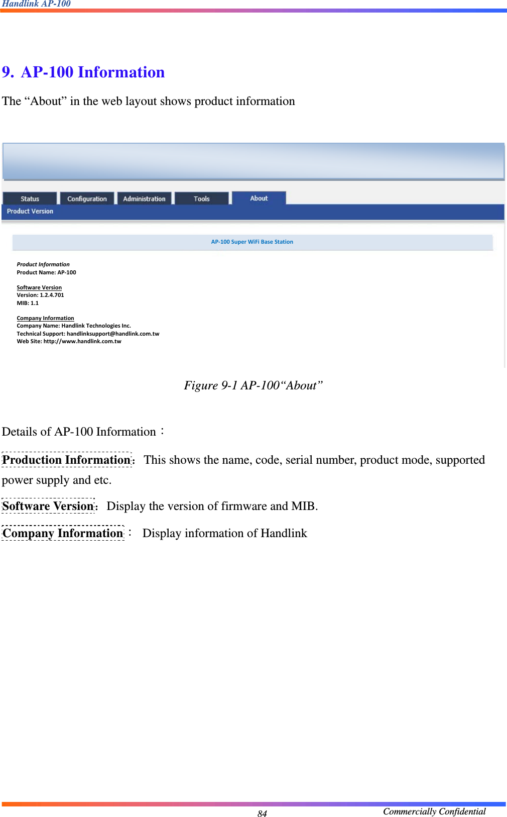 Handlink AP-100                                             Commercially Confidential 84  9. AP-100 Information The “About” in the web layout shows product information   Figure 9-1 AP-100“About”  Details of AP-100 Information： Production Information：This shows the name, code, serial number, product mode, supported power supply and etc. Software Version：Display the version of firmware and MIB. Company Information：  Display information of Handlink  ProductInformationProductName:AP‐100SoftwareVersionVersion:1.2.4.701MIB:1.1CompanyInformationCompanyName:HandlinkTechnologiesInc.TechnicalSupport:handlinksupport@handlink.com.twWebSite:http://www.handlink.com.twAP‐100 SuperWiFiBaseStation 