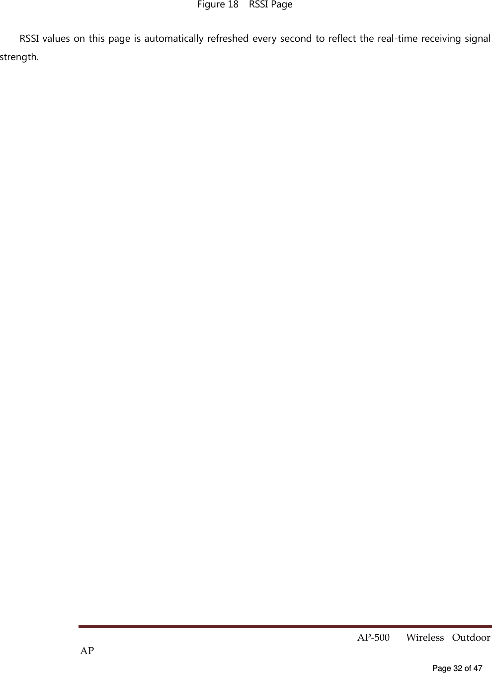  AP-500    Wireless  Outdoor AP   Page 32 of 47   Figure 18    RSSI Page RSSI values on this page is automatically refreshed every second to reflect the real-time receiving signal strength. 