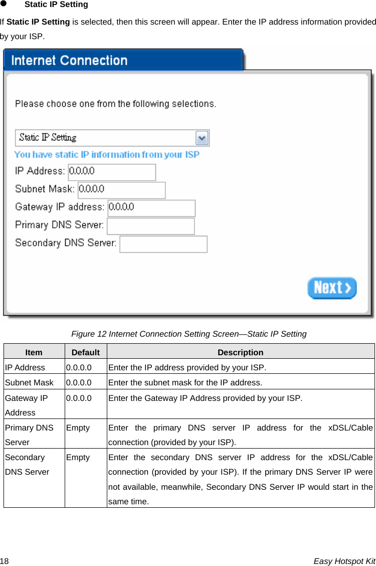z Static IP Setting If Static IP Setting is selected, then this screen will appear. Enter the IP address information provided by your ISP. Figure 12 Internet Connection Setting Screen—Static IP Setting Default Description Item IP Address  0.0.0.0  Enter the IP address provided by your ISP. Subnet Mask  0.0.0.0  Enter the subnet mask for the IP address. Gateway IP Address 0.0.0.0  Enter the Gateway IP Address provided by your ISP. Primary DNS Server Empty  Enter the primary DNS server IP address for the xDSL/Cable connection (provided by your ISP). Secondary DNS Server Empty  Enter the secondary DNS server IP address for the xDSL/Cable connection (provided by your ISP). If the primary DNS Server IP were not available, meanwhile, Secondary DNS Server IP would start in the same time.   Easy Hotspot Kit 18