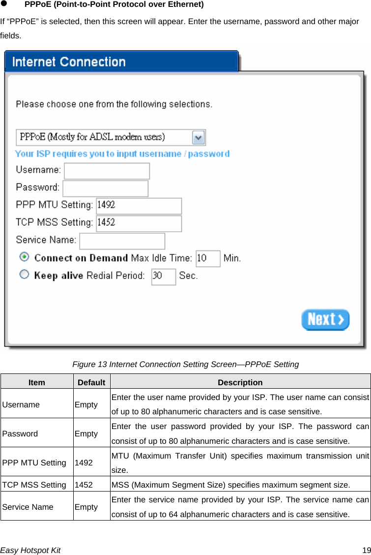 z PPPoE (Point-to-Point Protocol over Ethernet) If “PPPoE” is selected, then this screen will appear. Enter the username, password and other major fields.  Figure 13 Internet Connection Setting Screen—PPPoE Setting Default Description Item Empty Enter the user name provided by your ISP. The user name can consist of up to 80 alphanumeric characters and is case sensitive. Username Empty Enter the user password provided by your ISP. The password can consist of up to 80 alphanumeric characters and is case sensitive. Password 1492  MTU (Maximum Transfer Unit) specifies maximum transmission unit size. PPP MTU Setting TCP MSS Setting  1452  MSS (Maximum Segment Size) specifies maximum segment size. Service Name  Empty  Enter the service name provided by your ISP. The service name can consist of up to 64 alphanumeric characters and is case sensitive. Easy Hotspot Kit  19 
