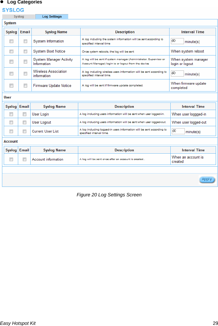 z Log Categories Figure 20 Log Settings Screen            Easy Hotspot Kit  29 