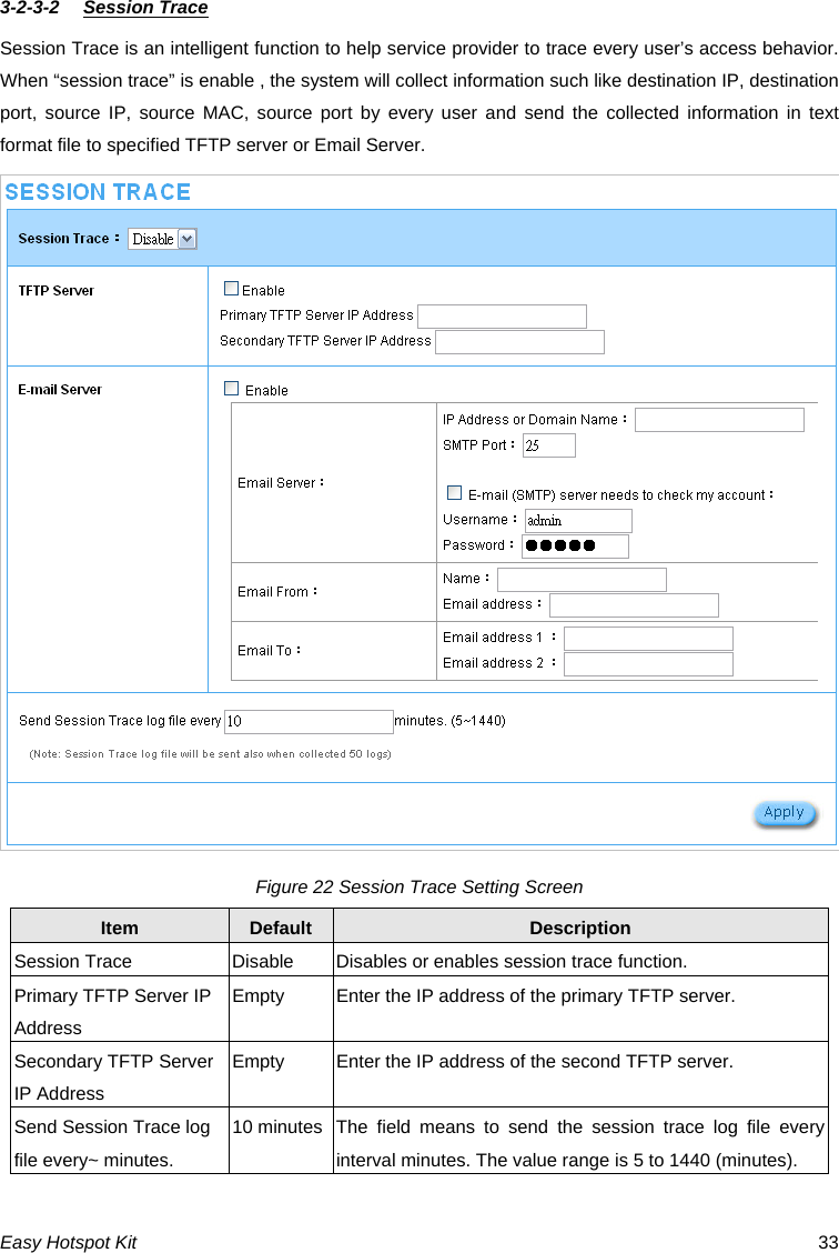3-2-3-2  Session Trace Session Trace is an intelligent function to help service provider to trace every user’s access behavior. When “session trace” is enable , the system will collect information such like destination IP, destination port, source IP, source MAC, source port by every user and send the collected information in text format file to specified TFTP server or Email Server. Figure 22 Session Trace Setting Screen Default Description Item Session Trace  Disable  Disables or enables session trace function. Primary TFTP Server IP Address Empty  Enter the IP address of the primary TFTP server. Secondary TFTP Server IP Address Empty  Enter the IP address of the second TFTP server. Send Session Trace log file every~ minutes. 10 minutes The field means to send the session trace log file every interval minutes. The value range is 5 to 1440 (minutes).  Easy Hotspot Kit  33 