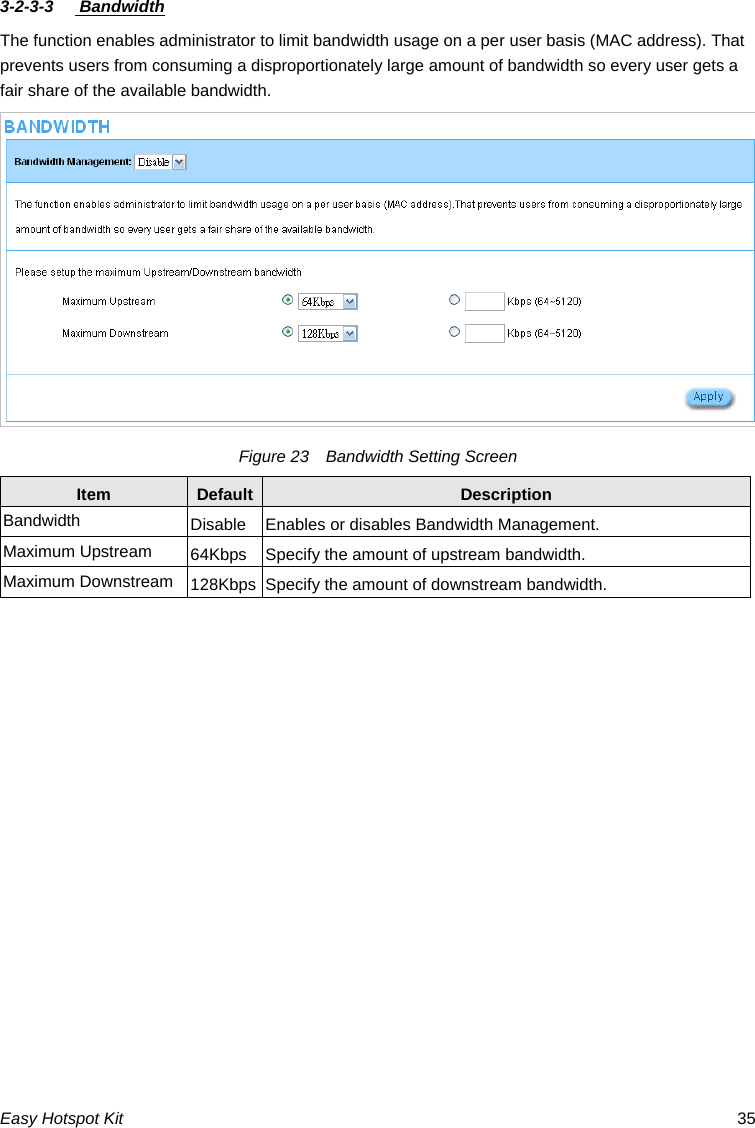 3-2-3-3   Bandwidth The function enables administrator to limit bandwidth usage on a per user basis (MAC address). That prevents users from consuming a disproportionately large amount of bandwidth so every user gets a fair share of the available bandwidth. Figure 23    Bandwidth Setting Screen Default Description Item Bandwidth  Disable Enables or disables Bandwidth Management. Maximum Upstream  64Kbps Specify the amount of upstream bandwidth. Maximum Downstream  128Kbps Specify the amount of downstream bandwidth. Easy Hotspot Kit  35 