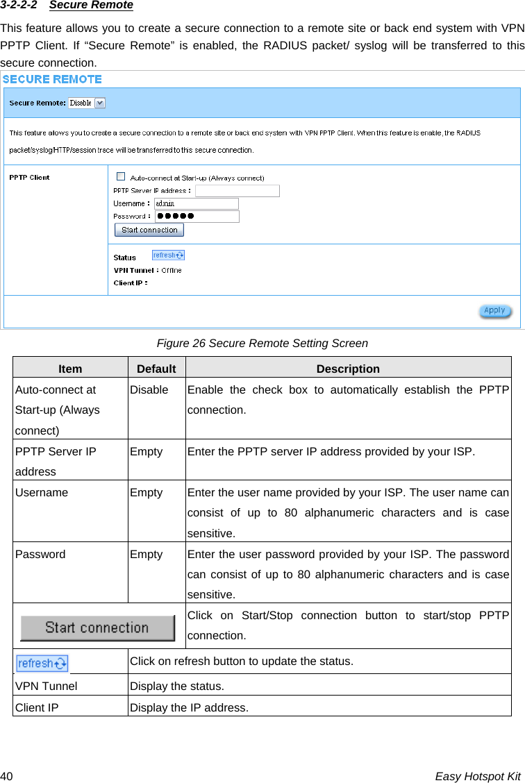 3-2-2-2  Secure Remote This feature allows you to create a secure connection to a remote site or back end system with VPN PPTP Client. If “Secure Remote” is enabled, the RADIUS packet/ syslog will be transferred to this secure connection.   Figure 26 Secure Remote Setting Screen fault DescriptionItem  De  Auto-connect at  D Enable the check box  ly establish the PPTP Start-up (Always connect) isable  to automaticalconnection. PPTP Server IP  Empty  Enter the PPTP server IP address provided by your ISP. address Username  Empty  Enter the user name provided by your ISP. The user name can consist of up to 80 alphanumeric characters and is case sensitive. Password  Empty  ser password provided by your ISP. The password Enter the ucan consist of up to 80 alphanumeric characters and is case sensitive. Easy Hotspot Kit 40  Click on Start/Stop connection button to start/stop PPTP connection.   Click on refresh button to update the status. VPN Tunnel  Display the status. Client IP  Display the IP address.  